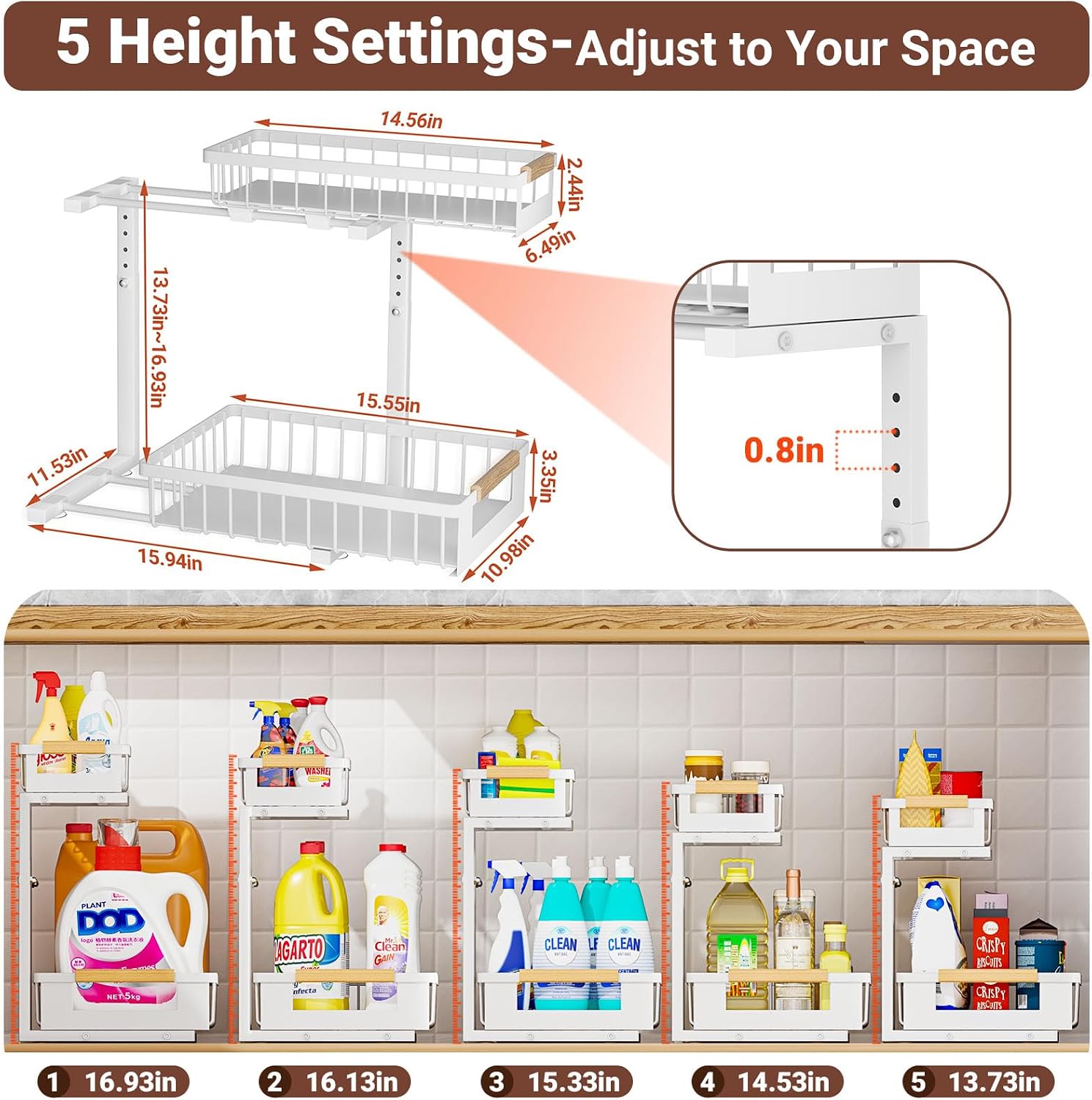 2 Pack Under Sink Organizer, 2 Tier Pull Out Cabinet Organizer with 5-Level Adjustable Height, Sliding Metal Storage Rack for Kitchen Bathroom Pantry, White - Image 2