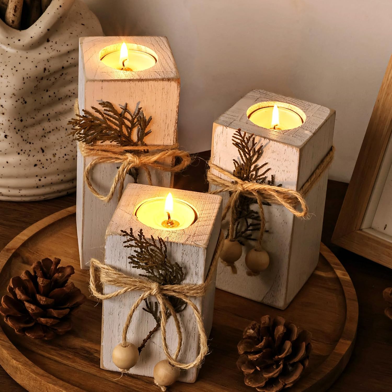 MelonBoat Rustic Flameless LED Candles 3-Pack, Battery Operated Candles with Wooden Candle Holders, White Rustic Farmhouse Decor, Farmhouse Candle Holder for Valentines Holiday Party Home Decor - Image 7