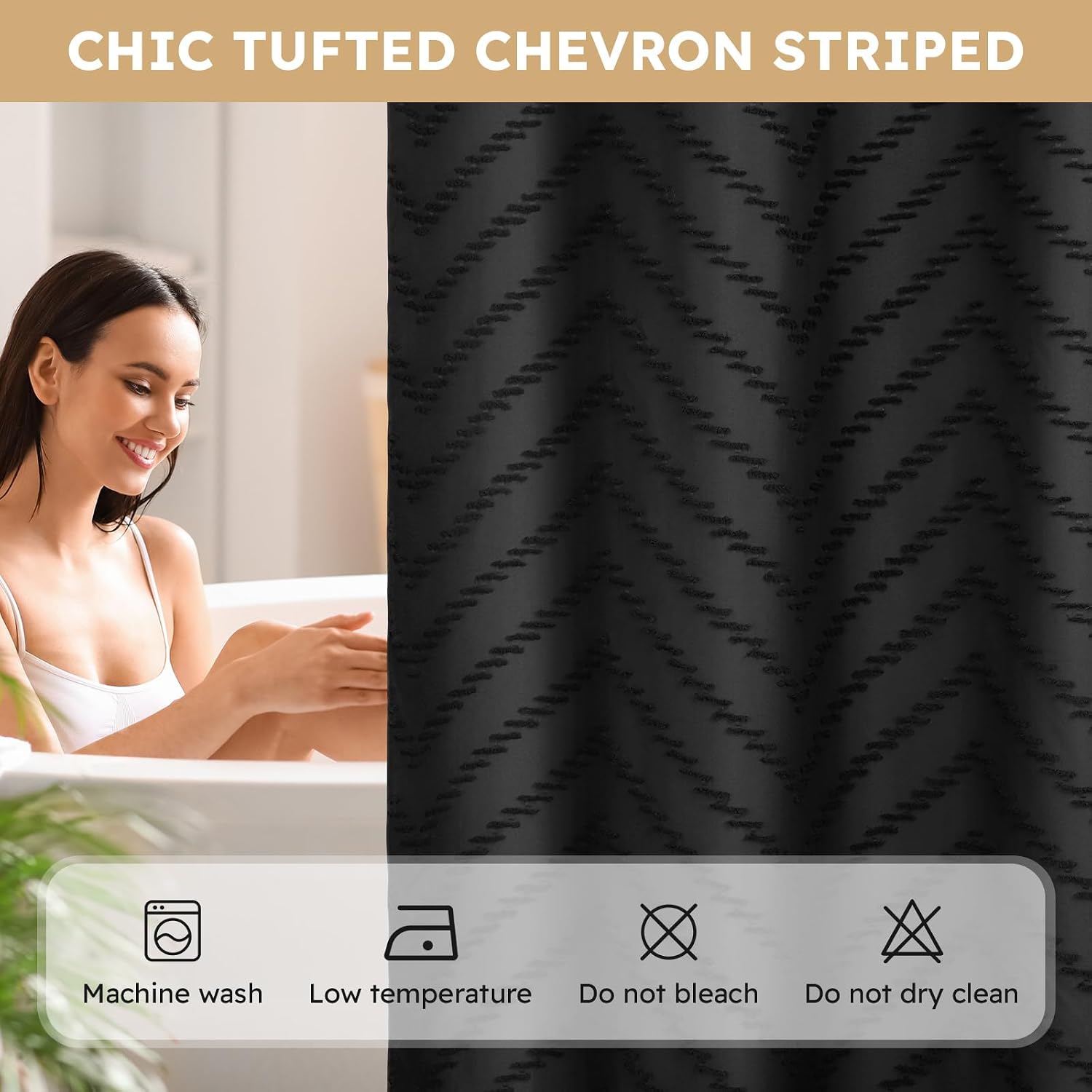 FADOTY No Hook Shower Curtain and Liner Set, Black Snap in Shower Curtain Ringless Chevron Tufted Cloth Waterproof Washable Fabric Bath Curtain with See Through Top Window for Bathroom Hotel 71" x 74" - Image 4
