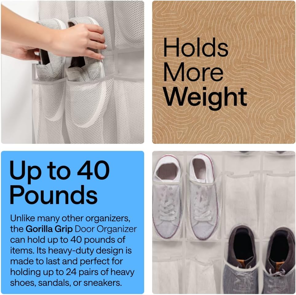 GORILLA GRIP Over the Door Shoe Organizer, 24 Large Breathable Mesh Pockets, Space Saving Hanging Storage Holder, Closet Rack Hanger Holds Up to 40 lbs, Hangs on Closets for Shoes, Accessories, Linen - Image 3