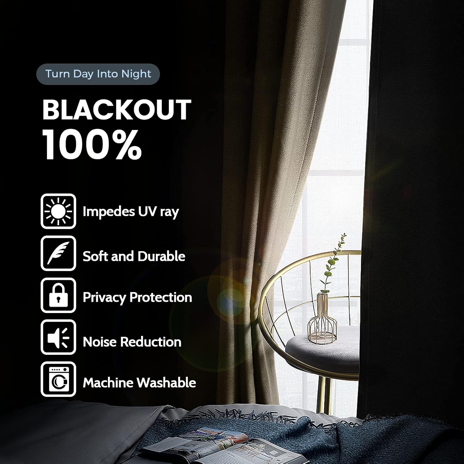 SimpleHome 100% Blackout Curtains for Bedroom,Thermal Insulated Grommet Window Drapes Room Darkening Beige Curtains for Living Room with Black Back,52 x 84 Inch,2 Panels - Image 3