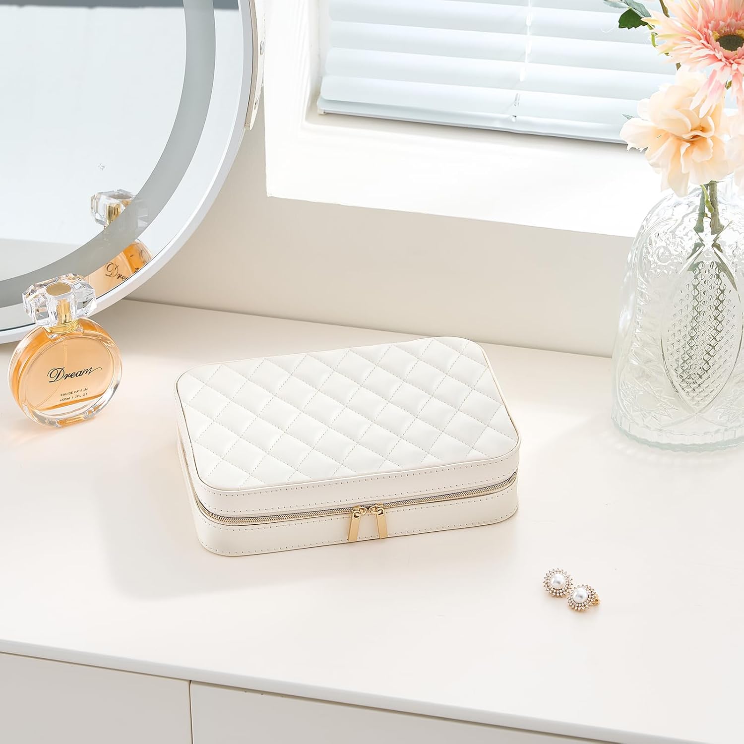 Lolalet Travel Jewelry Case for Women Girls, Travel Jewelry Organizer Box with Mirror & Clear Storage Bag, Small Portable Earring Necklace Bracelet Ring Case, Birthday Valentine Gifts -Medium, White - Image 7