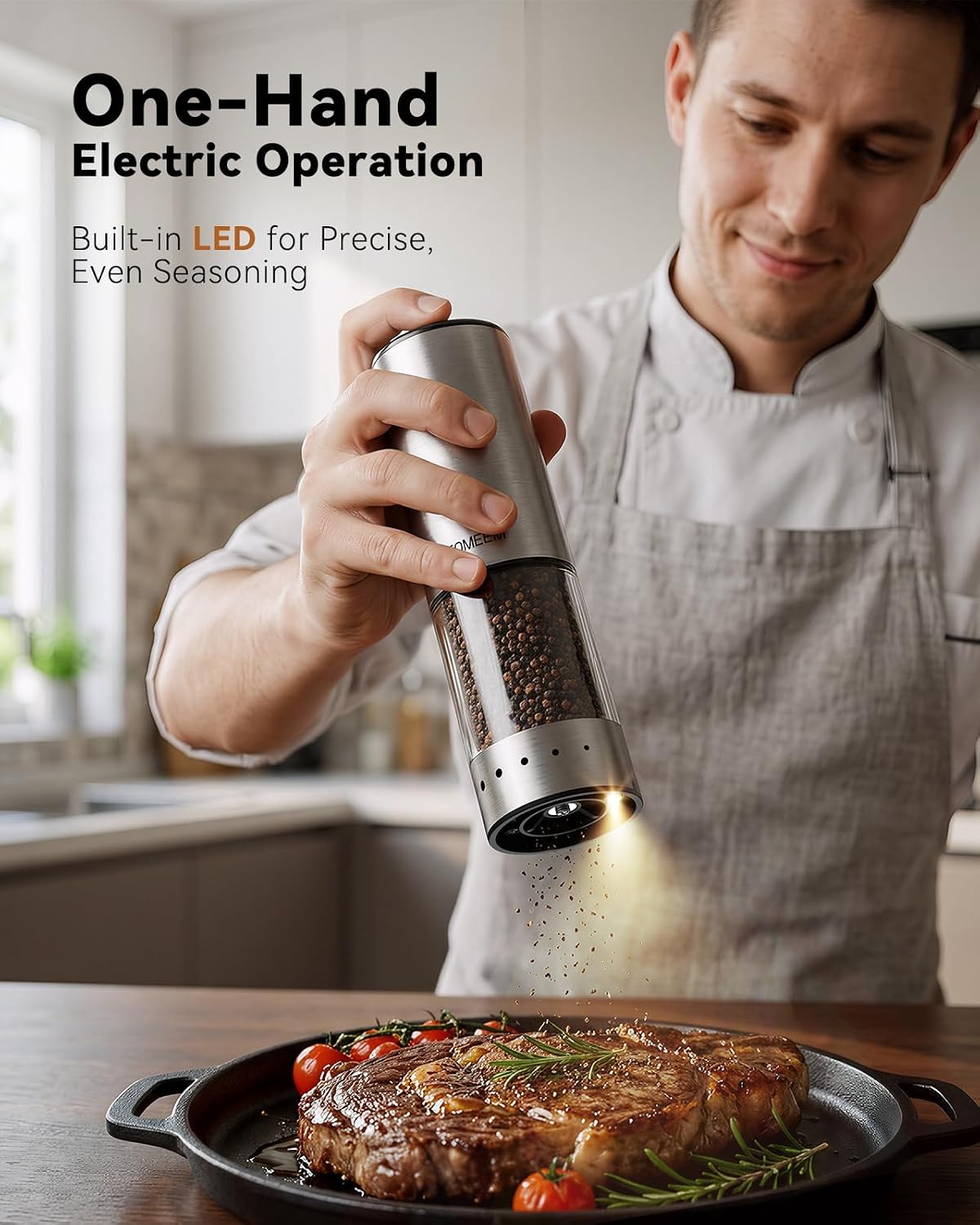 TOMEEM Rechargeable Electric Salt and Pepper Grinder Set, 115ml Large Capacity Stainless Steel Automatic Pepper Mill with Storage Base, LED Display and Light (Silver, Black Storage Base) - Image 2