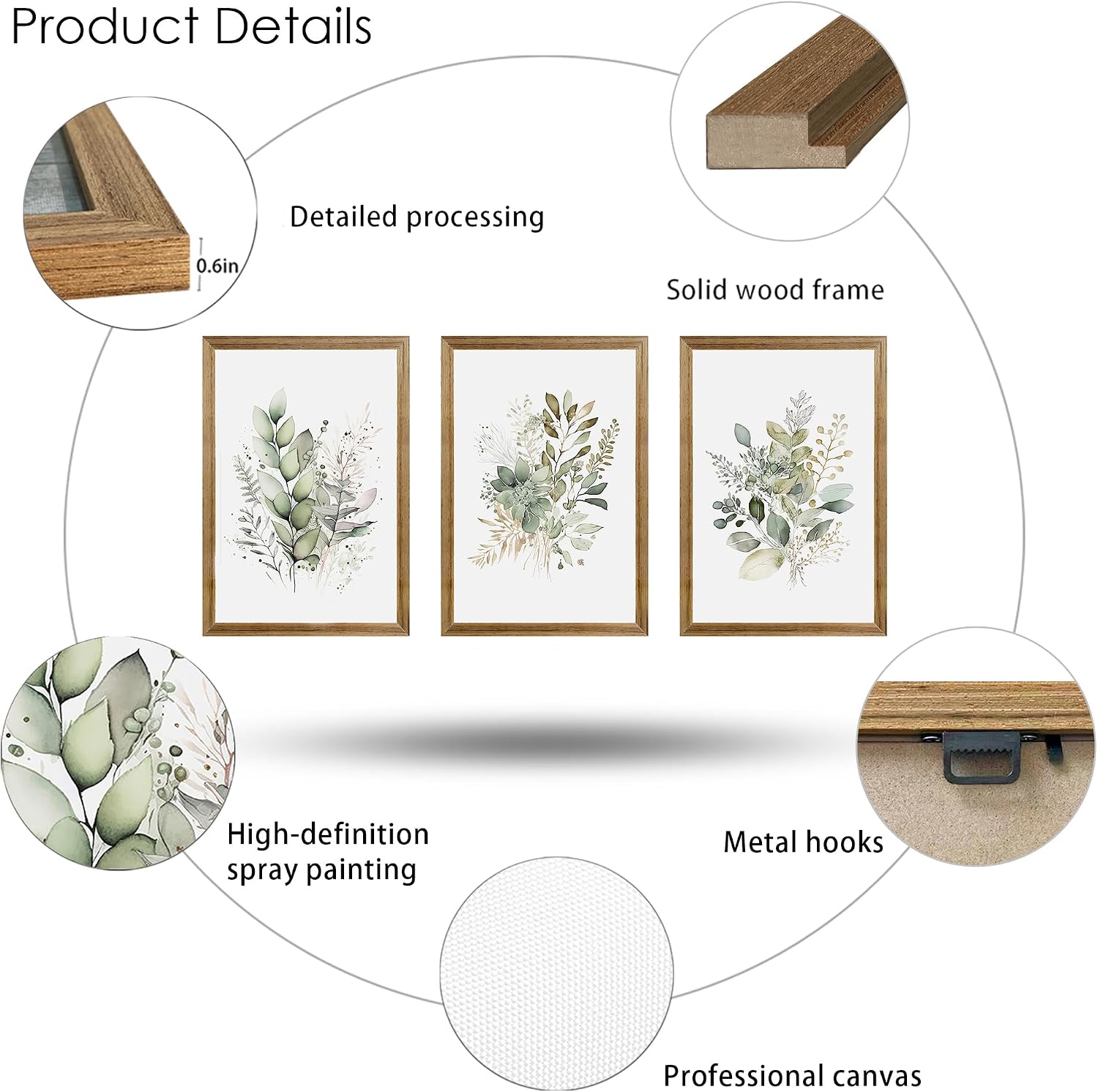 WRFON Framed Sage Green Botanical Wall Art Set of 3, Watercolor Eucalyptus & Wild Plant Canvas Prints, Minimalist Green Wall Decor for Living Room Bedroom Bathroom, 12x16 Inches - Image 6