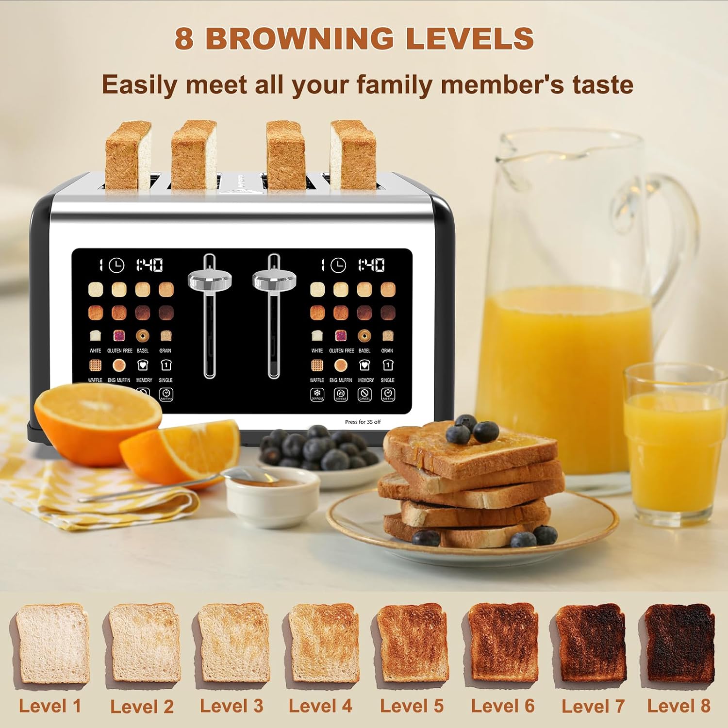 4 Slice Toaster Touch Screen, Stainless Steel Toasters Digital Timer, Dual Control Panel Toasters, 8 Shade Settings 6 Bread Types for Bagel, Cancel, Defrost 1650W Black - Image 5