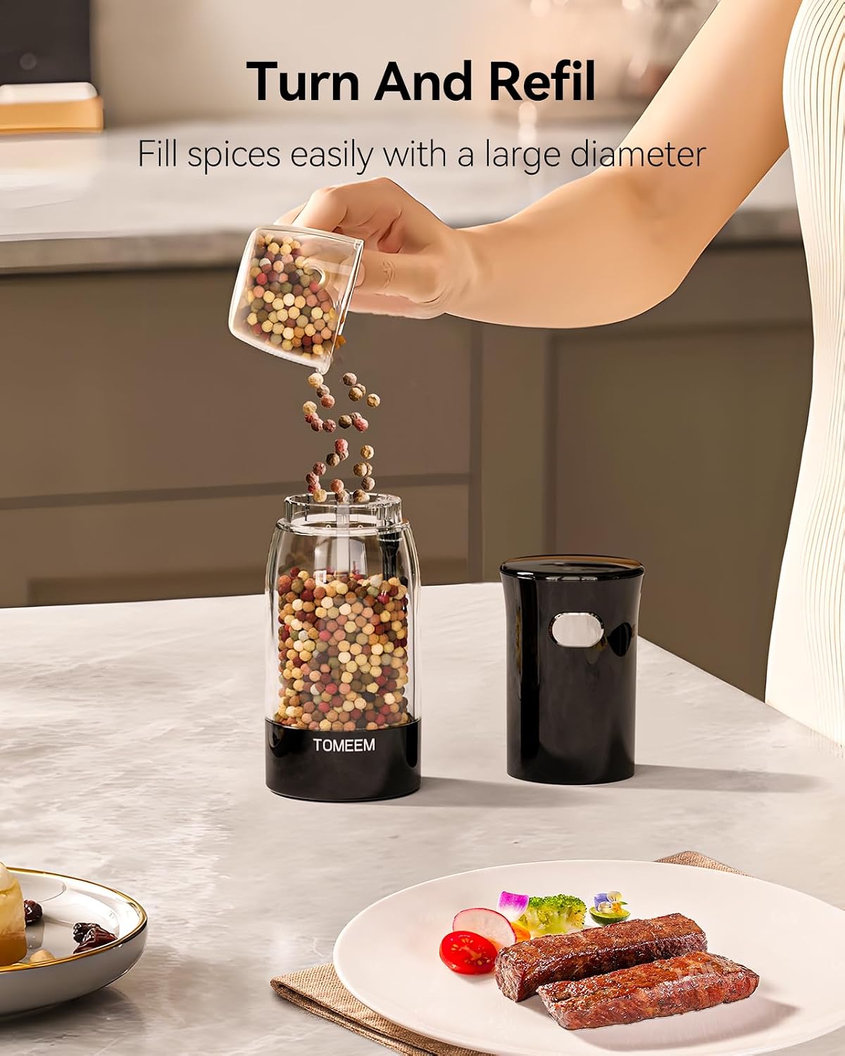 TOMEEM Electric Salt and Pepper Grinder Set – Rechargeable with LED Power Indicator, 5-Level Adjustable Grinding, LED Light, 4.5oz Large Capacity Salt and Pepper Shakers with Storage Base - Image 7