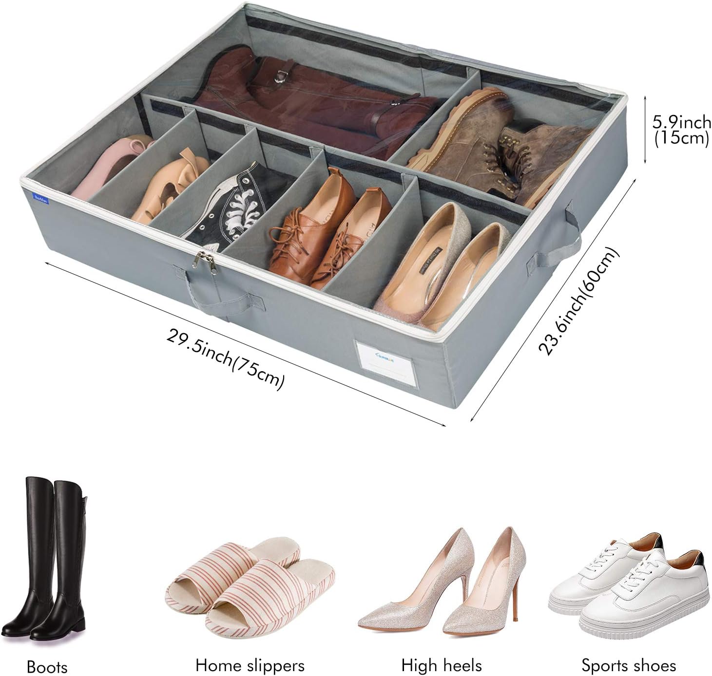 Surblue Shoe Storage Organizer Under Bed Adjustable Dividers Oxford Container Closet Storage Solution with Clear Cover and Handle for Clothing Boots Blankets Sweaters Toys,10 Pairs - Image 2
