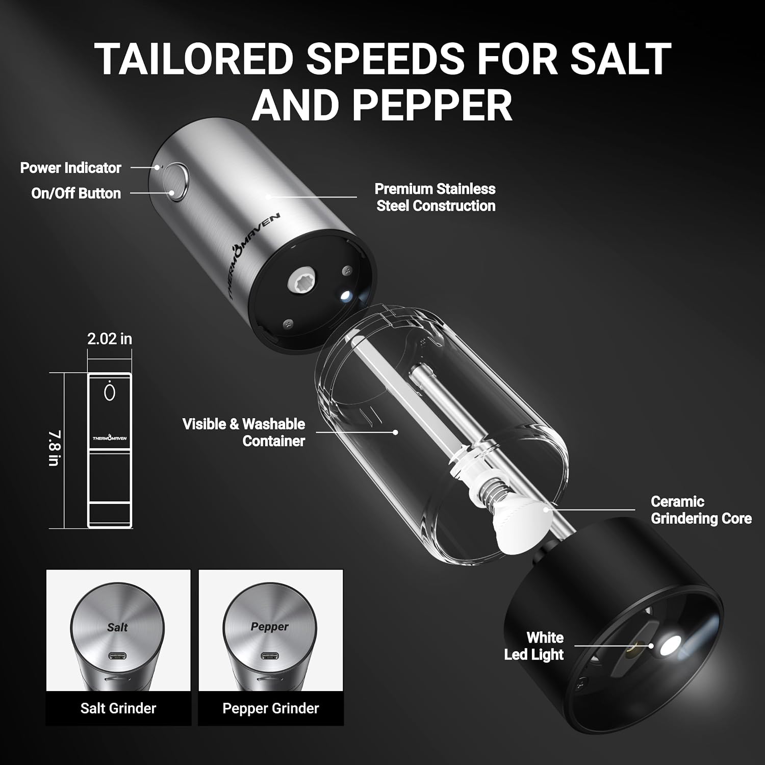 ThermoMaven Electric Salt and Pepper Grinder Set, 110ml Larger Rechargeable Automatic Salt and Pepper Mill Grinder with 6 Adjustable Coarseness, Electric Salt and Pepper Shakers, LED, 2 Packs, Black - Image 7