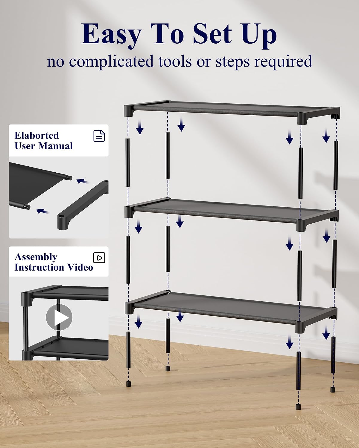 Kitsure Shoe Rack - Non-Woven Shoe Rack Shelf, Shoe Organizer for Closet, Entryway, Garage & Corridor, Stackable Shoe Shelves, 27.5" Wide - 3 Tier, Black - Image 8