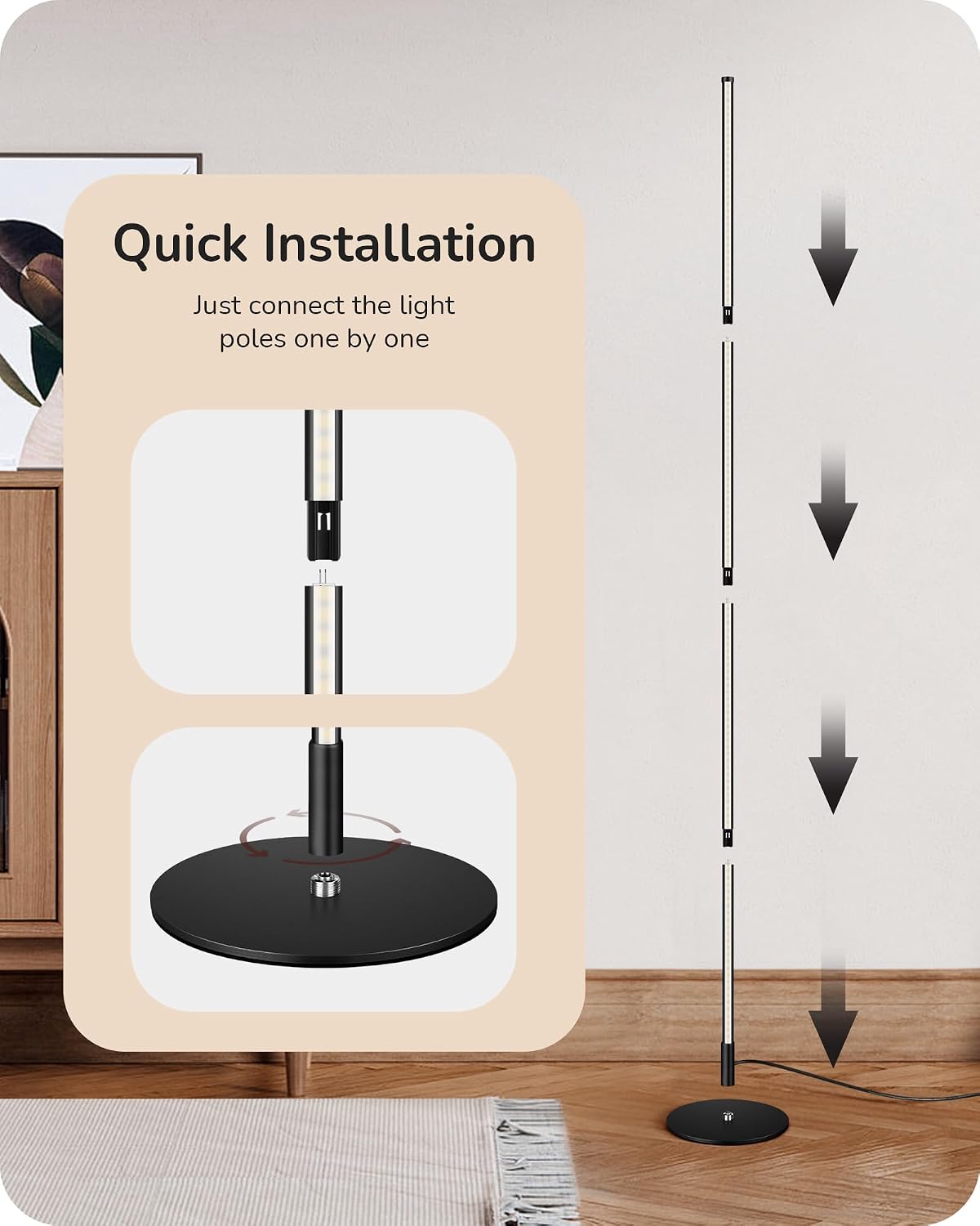 EDISHINE LED Corner Floor Lamp, 57.5" Minimalist Dimmable Sleek Light, Adjustable Height, Standing Tall Floor Lamps for Living Room, Bedroom, Office, 3000K Warm White Light, Black - Image 6