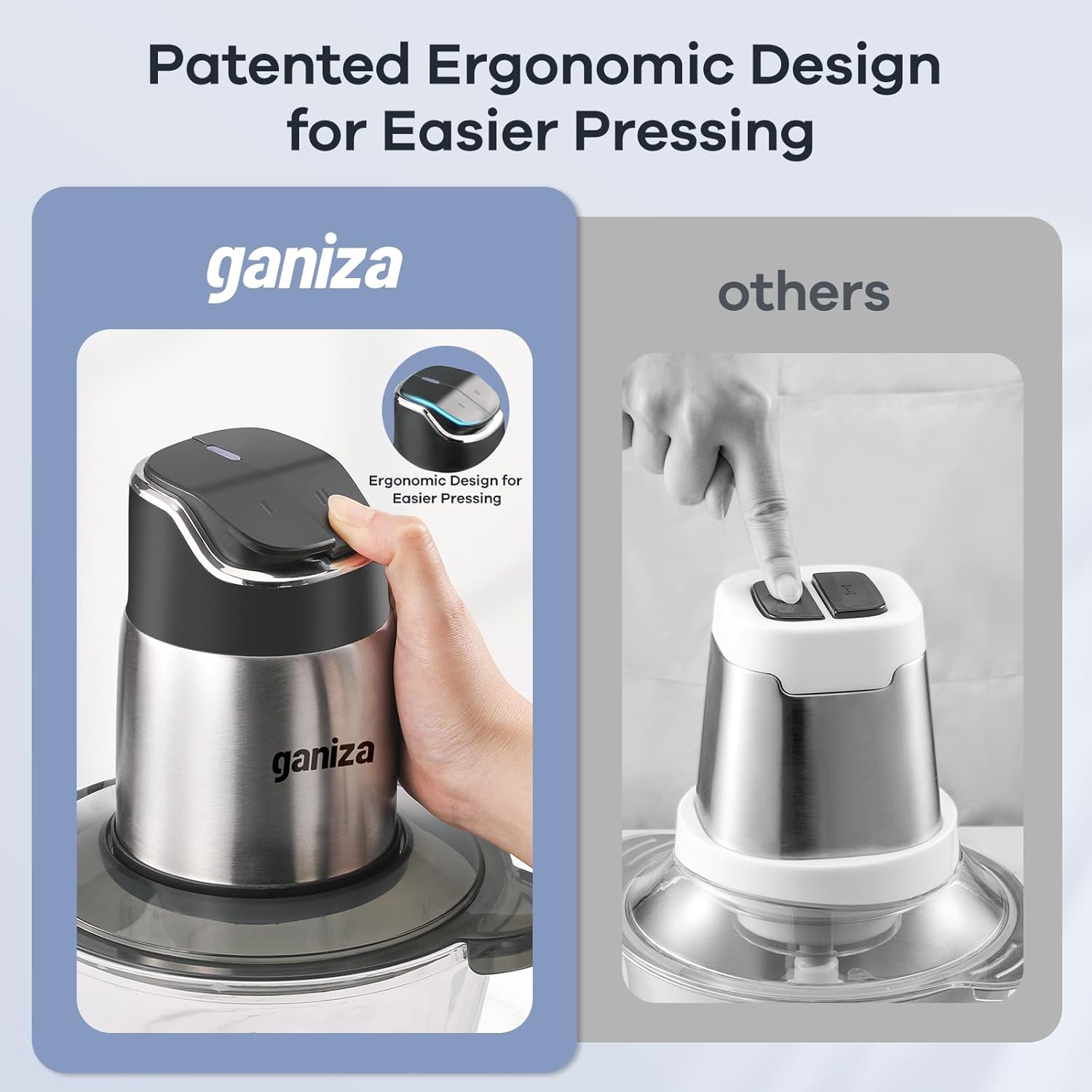 Ganiza Food Processor with Dual Bowls, 2-Speed Food Chopper & Meat Grinder | 8Cup Stainless & 8Cup Glass Bowls, Upgraded Button & Smart Overheat Protection Light - Includes Clean Brush, 2 Sets of Blades - Image 4