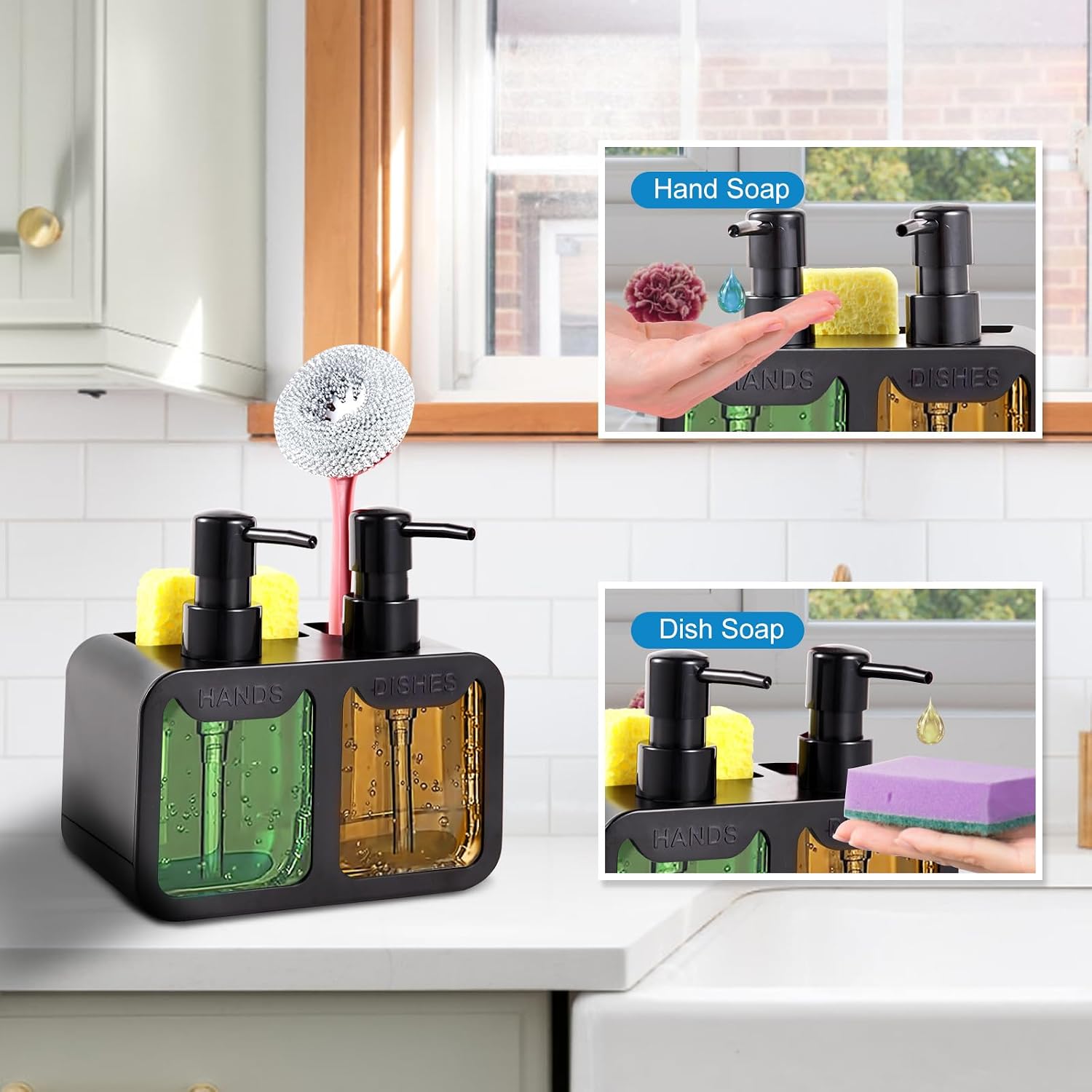 Kitchen Soap Dispenser Set, with Hand and Dish Soap, Sponge Caddy and Brush Holder 4-in-1 Kitchen Dual Soap Dispenser Set for Kitchen Sink, Bathroom - Black - Image 4