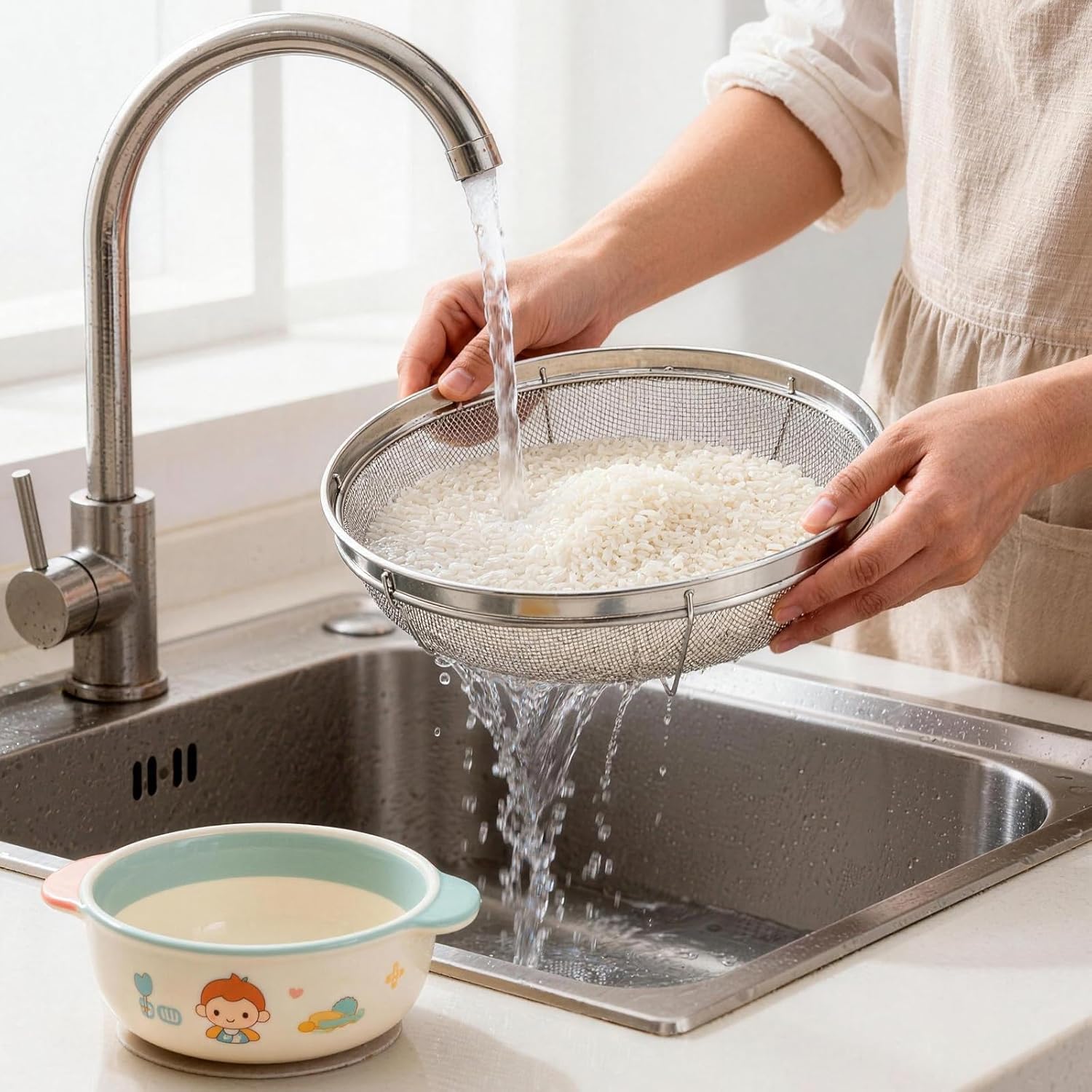 Fine Mesh Strainer for Kitchen, Stainless Steel Colander Bowl for Pasta, Rice, Fruit, Metal Net Baskets with Resting Base - Strain, Drain, Rinse (Diameter 9.84 inch) - Image 5