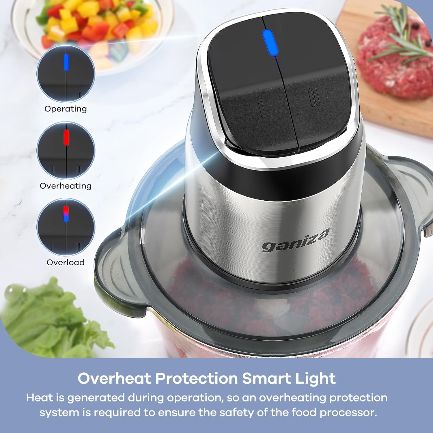 Ganiza Food Processor with Dual Bowls, 2-Speed Food Chopper & Meat Grinder | 8Cup Stainless & 8Cup Glass Bowls, Upgraded Button & Smart Overheat Protection Light - Includes Clean Brush, 2 Sets of Blades - Image 2