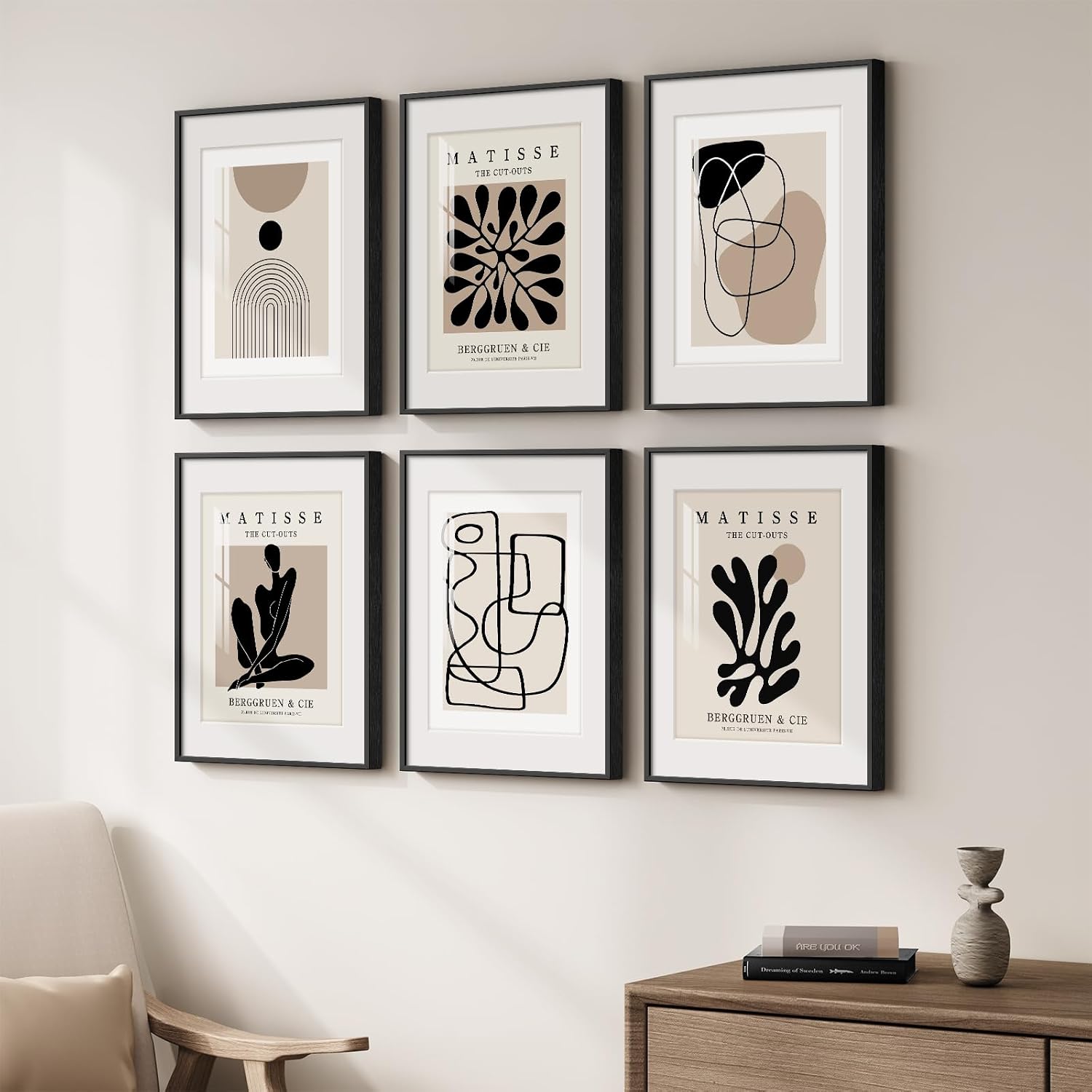 Framed Neutral Abstract Wall Art for Living Room, Set of 6 Minimalist Black Beige Prints Artwork for Walls, Modern Matisse and Geometric Pictures for Bedroom Dining Room Bathroom Wall Decor 11x14 In - Image 2