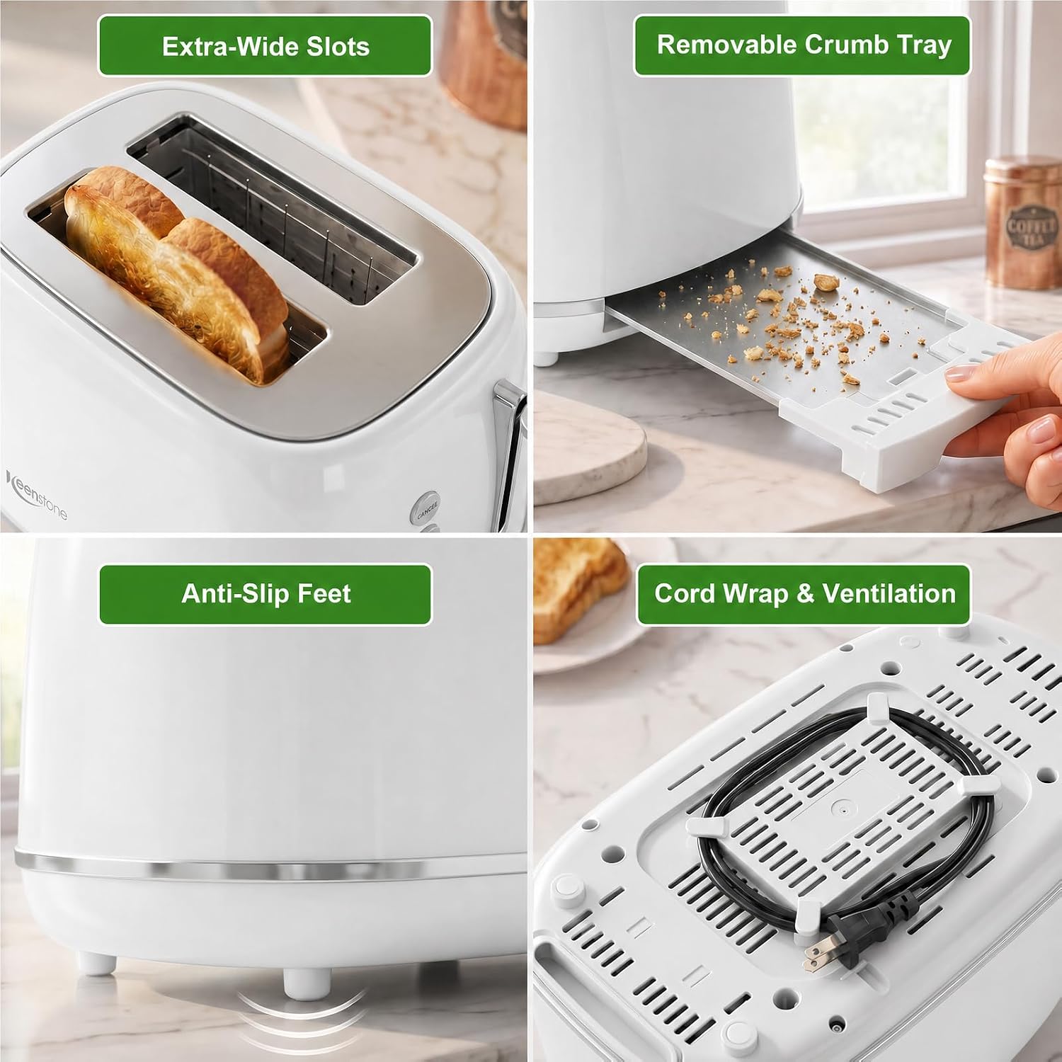 Keenstone Toaster 2 Slice, Retro Wide Slot Stainless Steel Toaster with 6 Browning Levels, Reheat & Defrost, for Bagel, Toast, Bread, Kitchen Essentials, Removable Crumb Tray, White - Image 6