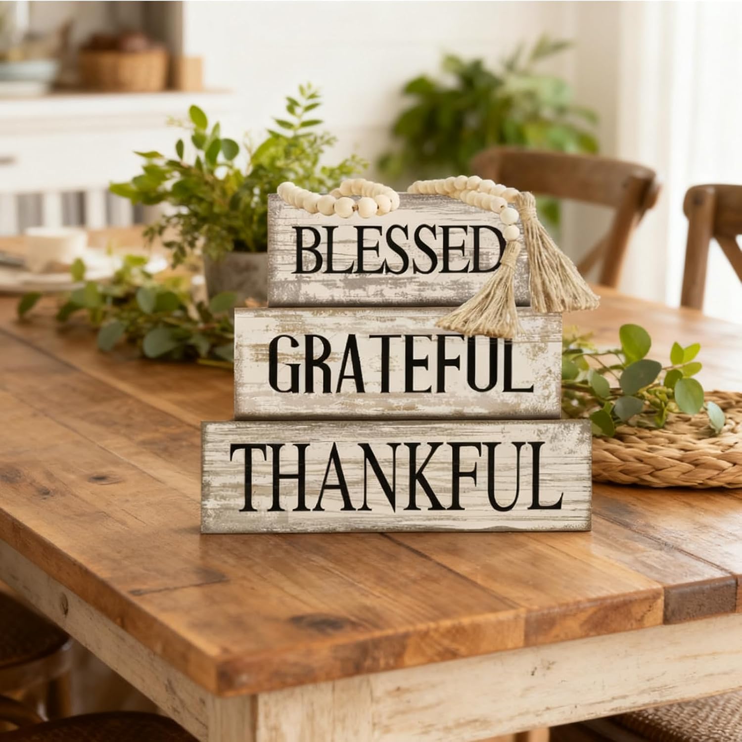 4 Pcs Farmhouse Wooden Tabletop Decor Neutral Farmhouse Tiered Tray Decor Rustic Retro Wood Bead Garland Blessed Grateful Thankful Block Sign Centerpiece for Coffee Home Office Shelf Mantle Table - Image 7