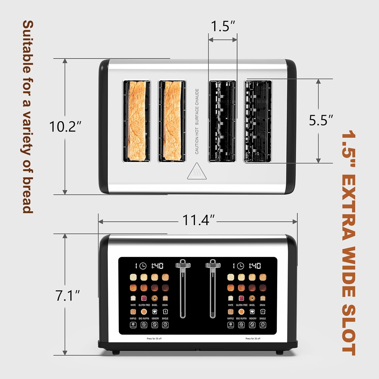 4 Slice Toaster Touch Screen, Stainless Steel Toasters Digital Timer, Dual Control Panel Toasters, 8 Shade Settings 6 Bread Types for Bagel, Cancel, Defrost 1650W Black - Image 7