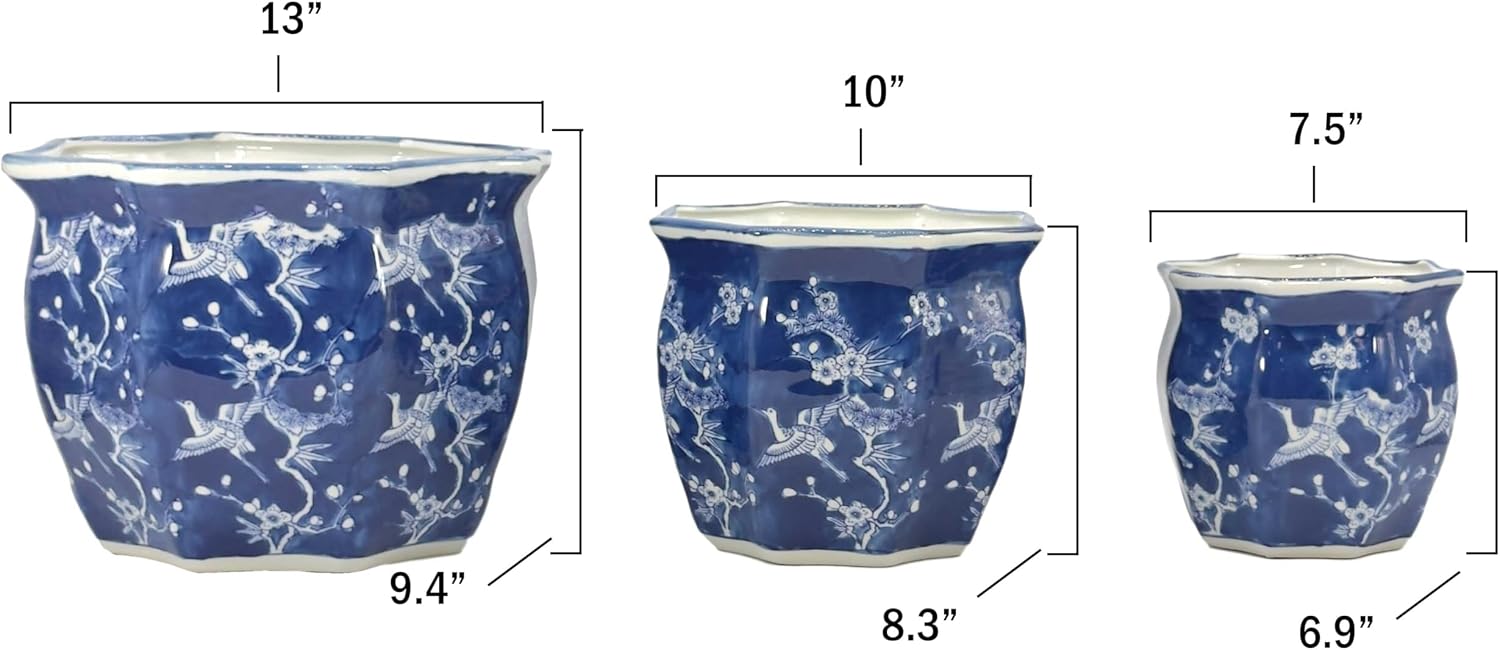 Galt International White & Blue Crane Round Fluted Floral Porcelain Ceramic Plant Flower Planter Pot Set of 3 (7.5", 10", 13") Garden Pots Chinese Asian Design - Image 2
