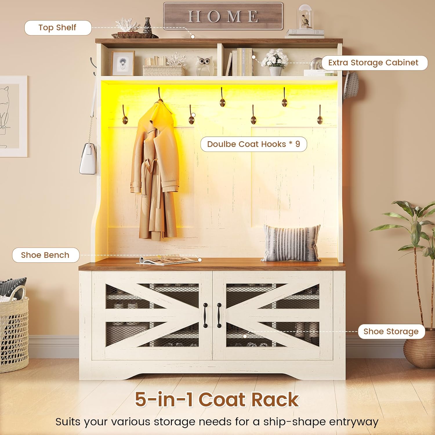 Itaar Hall Tree with Bench and Shoe Storage, 5-in-1 Entryway Bench with Coat Rack, 10 Shoe Cubbies & 9 Coat Hooks, Barn Door & Adjustable Shelf (White) - Image 3