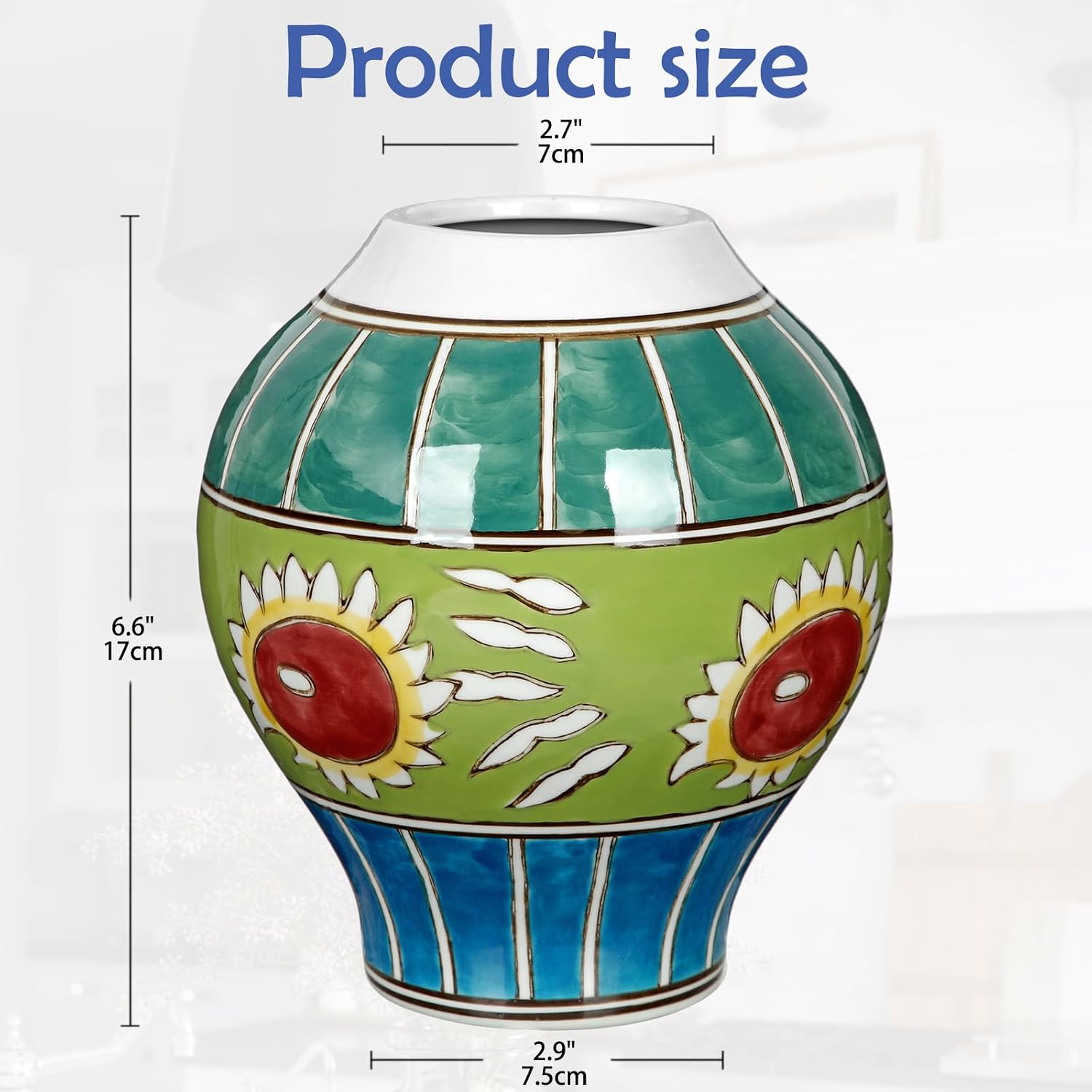 Hand Painted Ceramic Vase for Home Decor, 6.6" Colorful Floral Pottery Vase, Decorative Boho Farmhouse Flower Vase for Shelf Table Centerpiece, Artistic Glazed Ceramic Accent Décor - Image 2
