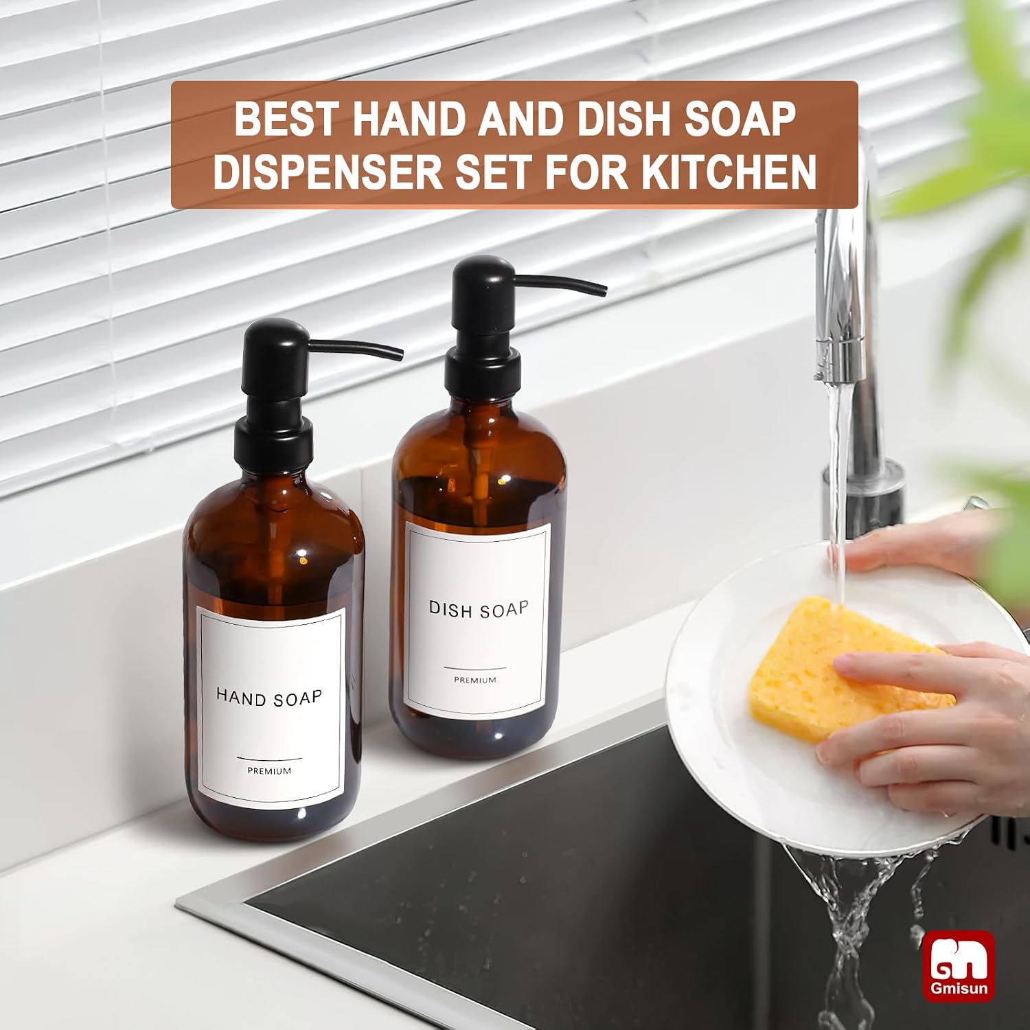 GMISUN Amber Glass Soap Dispenser, 2 Pack Bathroom Hand Soap Dispensers with Stainless Steel Pump, 17 Fl Oz Kitchen Hand and Dish Soap Dispenser Set, Modern Vintage Liquid Brown Soap Dispensers Bottle - Image 7