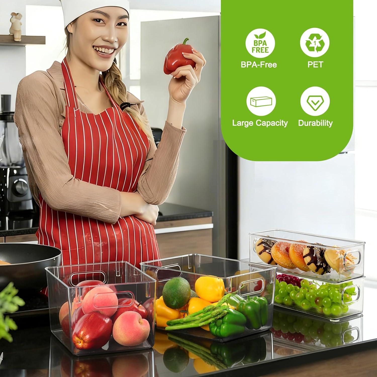 Hudgan Set of 8 Clear Plastic Storage Bins 4 Large and 4 Small Stackable Storage Containers for Pantry Organizers and Kitchen Storage, Cabinet, Freezer, Under Sink Organization - Image 8