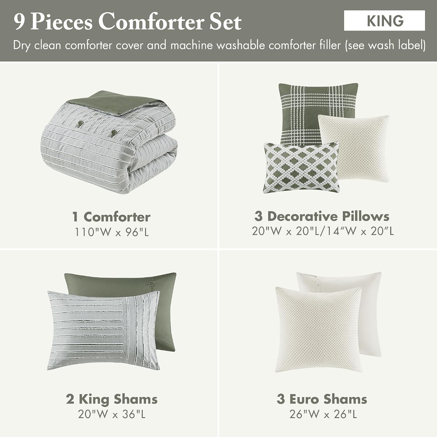 Madison Park Comforter Set Cotton Clipped Jacquard, Oversized Comforters, All Season Down Alternative Overfilled King Size Comforter, Essence, Green 9 Piece - Image 6