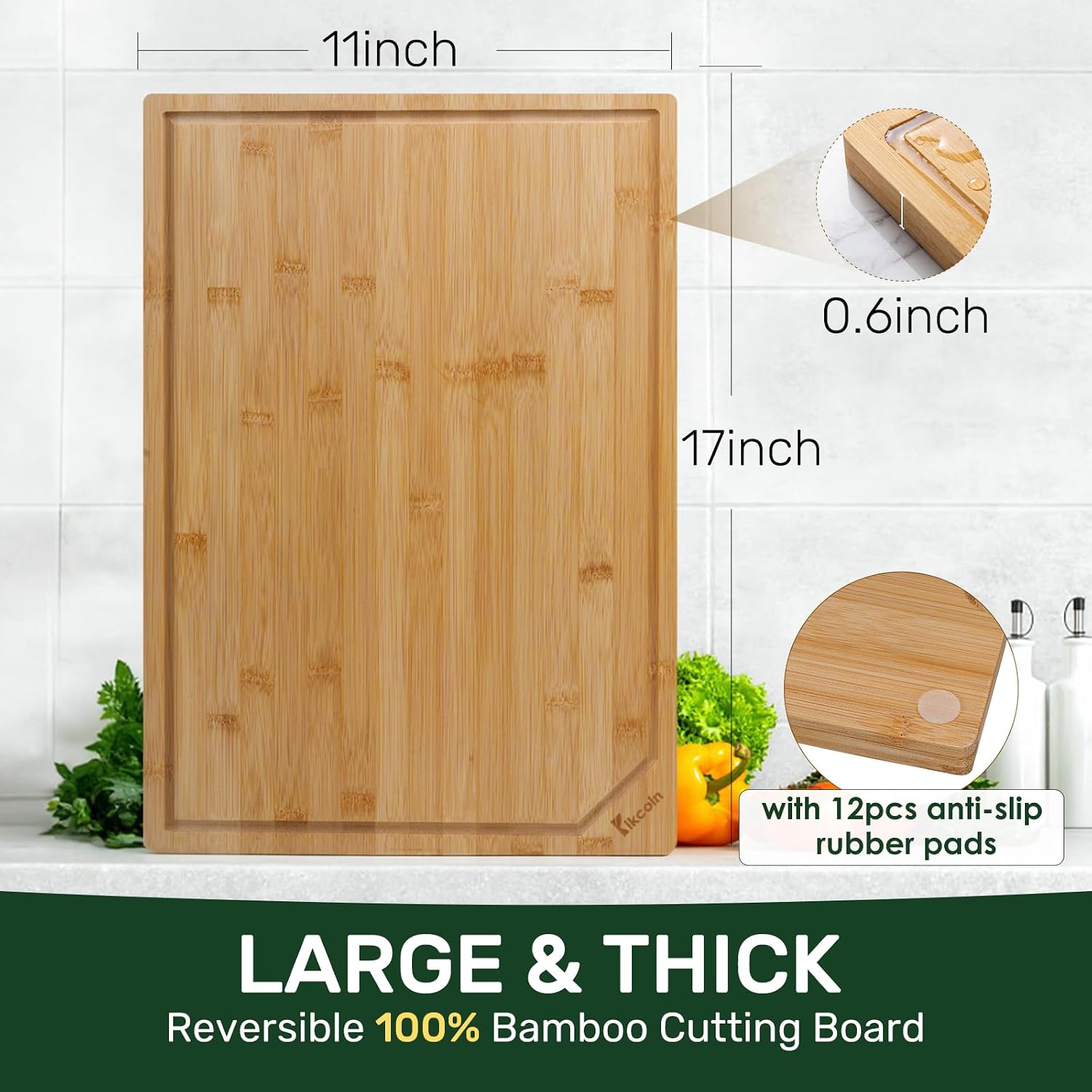 Kikcoin 17”×11” Bamboo Cutting Boards for Kitchen, Healthy Wooden Cutting Boards for Kitchen, Charcuterie, Extra Large Chopping Boards with Deep Juice Groove, Fathers Day Gift for Men, Natural - Image 3