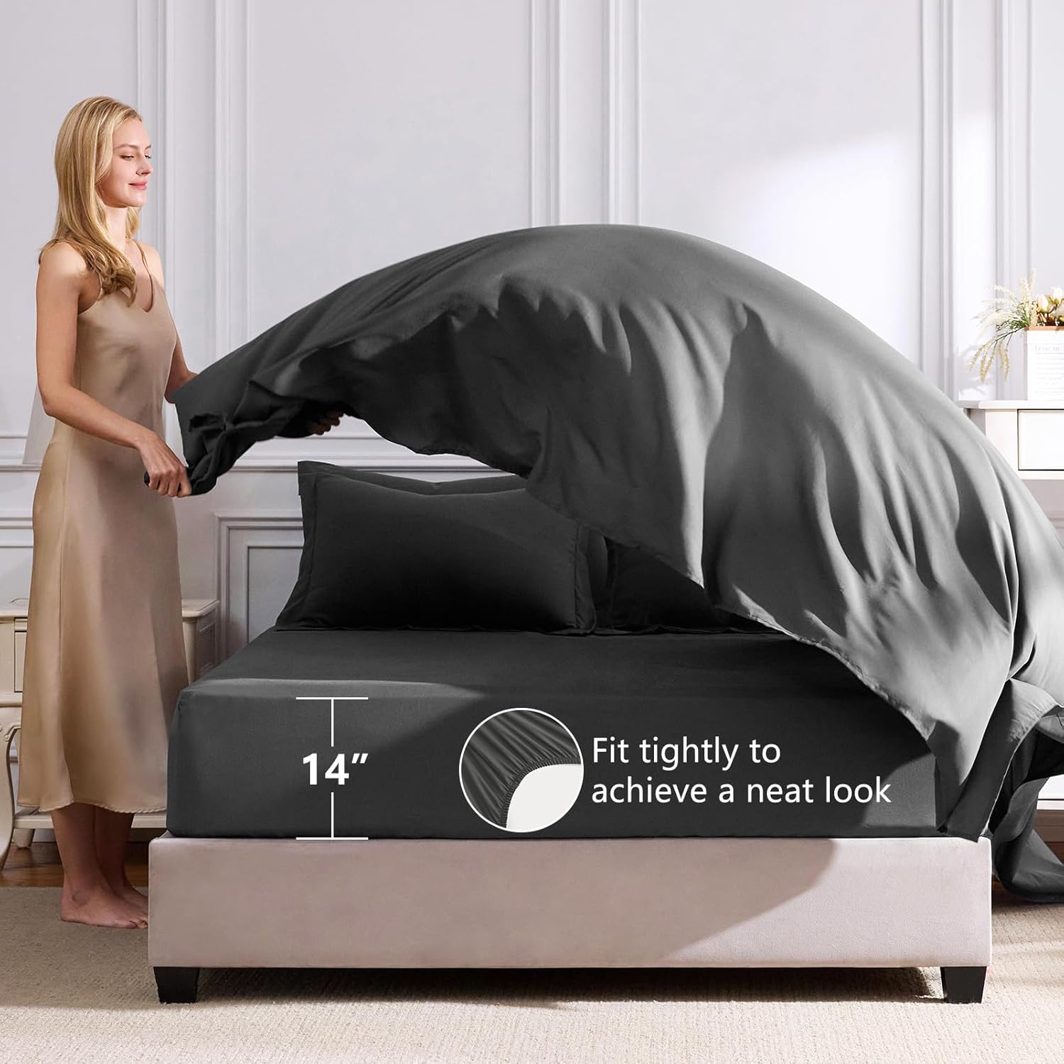 CozyLux King Size Comforter Set Dark Grey - 7 Pieces Bed in a Bag King, Luxury Soft Bed Set for All Seasons, Bedding Set with Down Alternative Comforter, Sheets, Pillowcases & Shams - Image 5