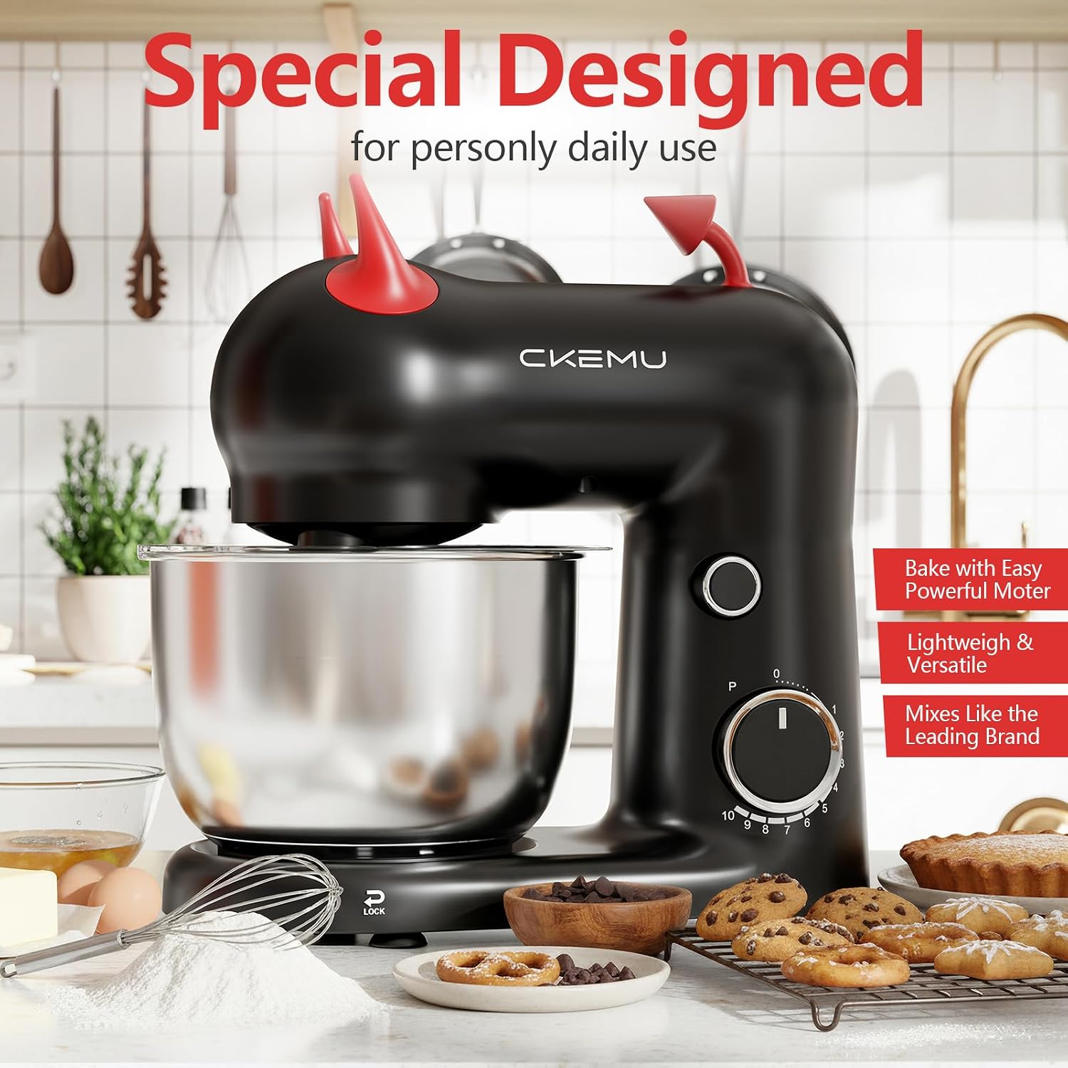 Stand Mixer, Compact & Space-Saving, Stainless Steel Bowl, Unique & Playful Design, Effcient 300W Motor, Dishwasher-Safe Attachments, SM-2549A (Black) - Image 2
