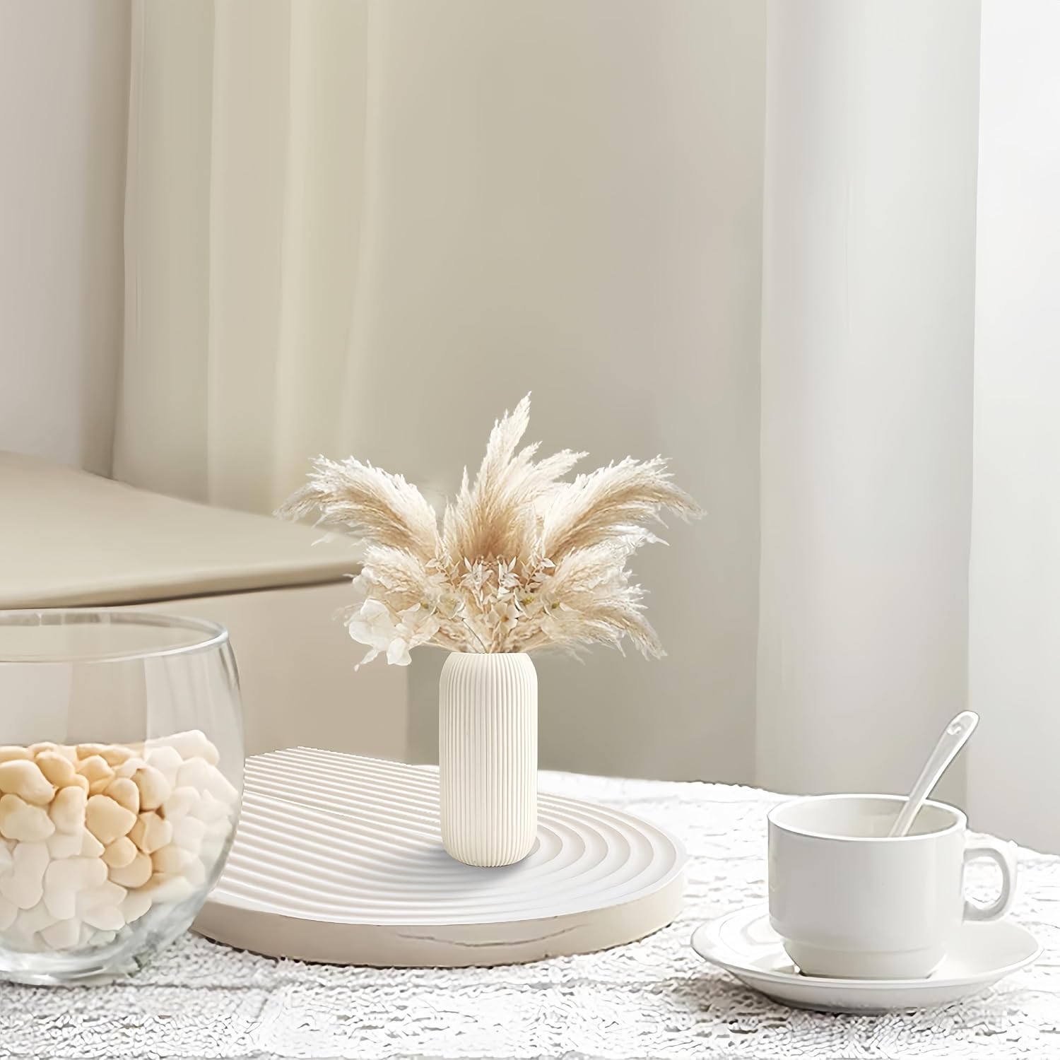 Ceramic Vase for Flowers – Modern Small Ribbed Textured Flower Vase for Home Decor, Pampas Grass, Decorative, Farmhouse, Coffee Table, Kitchen Centerpieces, Bookshelf and Home Living (White) - Image 6