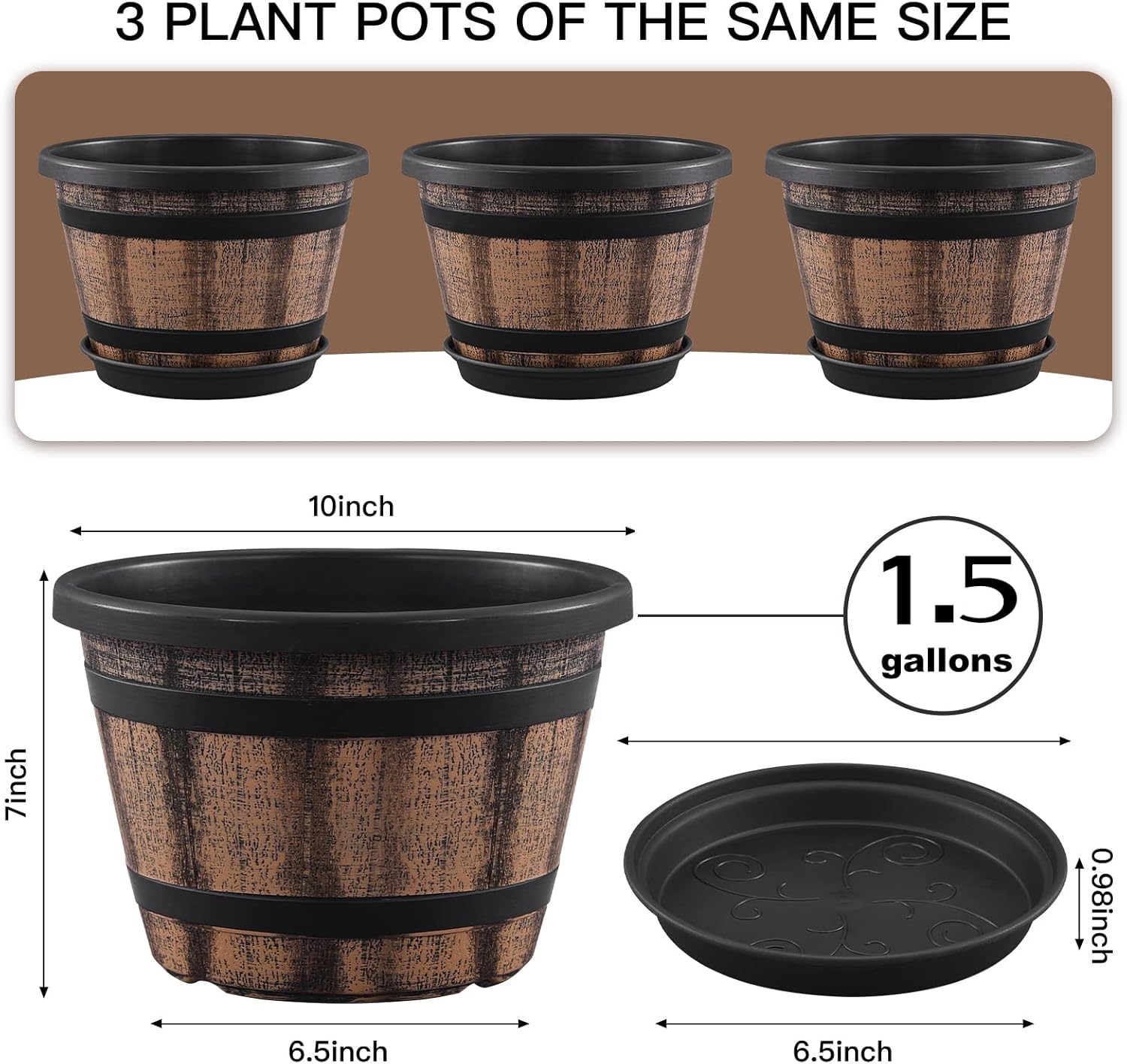 Quarut 3 Pack 10 inch Plant Pots,Whiskey Barrel Planters with Drainage Holes & Saucer, Plastic Decoration Flower Pots Imitation Wine Barrel Design, for Indoor & Outdoor Garden Home Plants (Brown) - Image 2