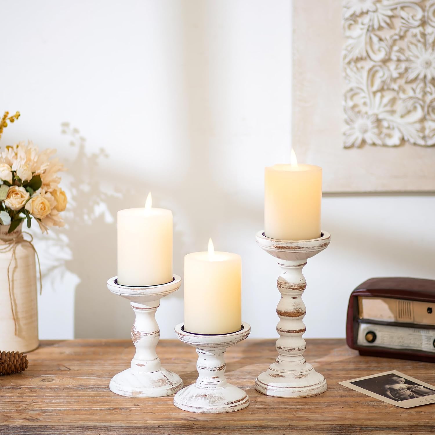Romadedi Wood Candle Holders for Pillar Candles - Set of 3 Tall Farmhouse Wooden Candlestick Holder, Rustic Candle Stand for Fireplace Mantle Shelf Table Home Decor, Brown Whitewashed 3.9"/6"/ 8.3" - Image 2