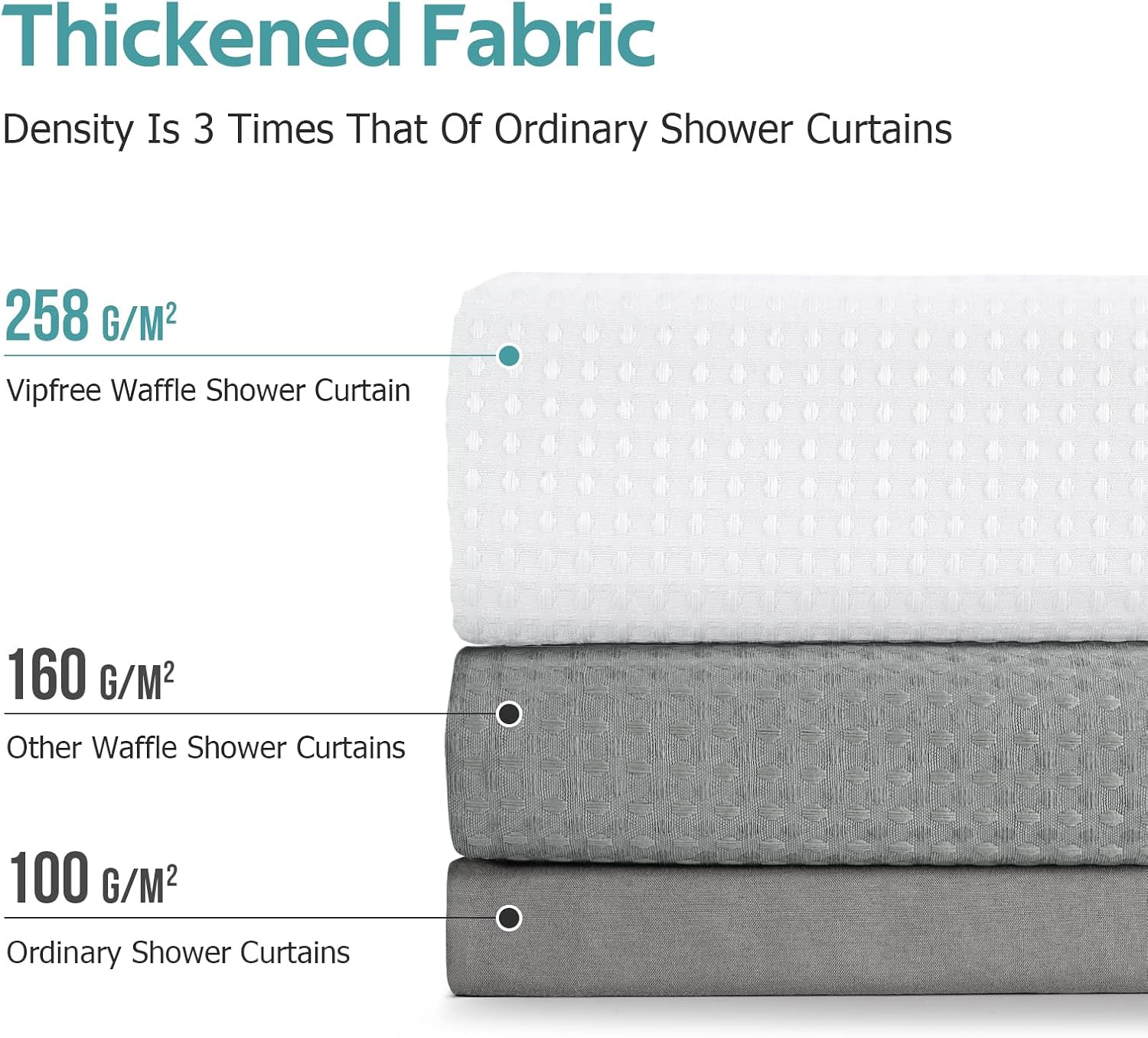 Vipfree 3 in 1 Shower Curtain Set, Waffle Shower Curtain and Liner Set with 12 Double Sided Shower Curtain Hooks, 258GSM Luxury Weighted Cloth Shower Curtains for Bathroom, 72 W x 72 H, White - Image 5