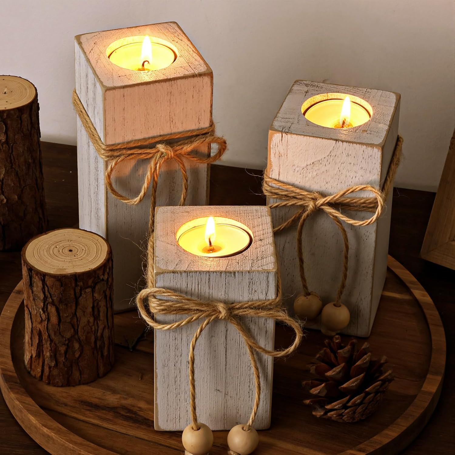 MelonBoat Rustic Flameless LED Candles 3-Pack, Battery Operated Candles with Wooden Candle Holders, White Rustic Farmhouse Decor, Farmhouse Candle Holder for Valentines Holiday Party Home Decor - Image 8