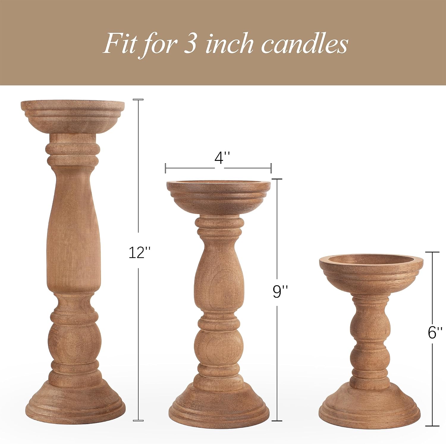 BANOMII Farmhouse Wooden Candle Holders for Pillar Candles Set of 3, Rustic Wood Candle Holder Table Centerpiece Decor, 12'' 9'' 6'' Vintage Tall Candle Stand Decorative, Brown - Image 3