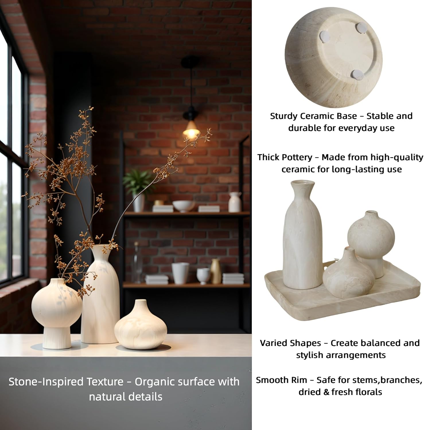White Ceramic Vase Set of 3 in Beige, Modern Aesthetic Stone-Look Textured Pottery Vases for Shelf & Bookshelf Home Decor, Neutral Minimalist Decorative Vases for Flowers & Pampas Grass - Image 3