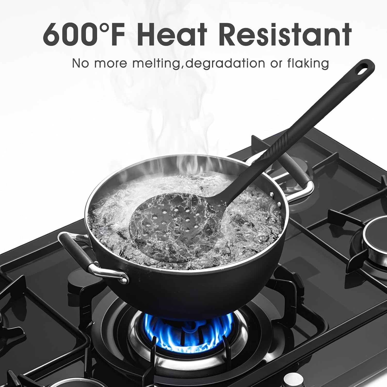 Silicone Cooking Utensils Set - 600°F Heat Resistant, Nonstick Kitchen Utensil Set with Spatulas, Spoons, Whisk, Tongs, BPA Free, Dishwasher Safe, Black - Image 8