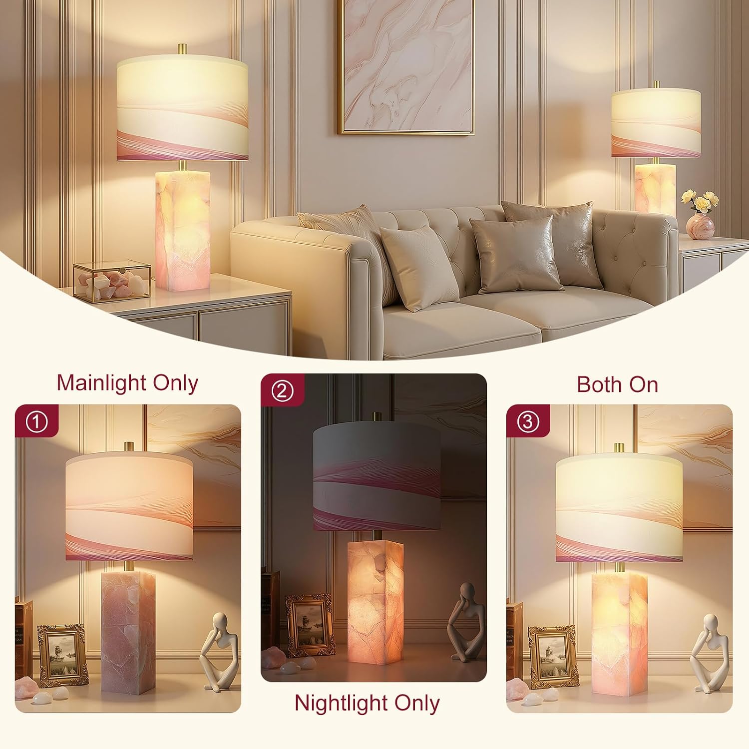 Scenekoy 23" Alabaster Table Lamp Set of 2 with Night Light for Bedroom Living Room, Rotary Switch, Pink Modern Table Lamp with Linen Shade, Nightstand Lamps for Room Bedside Office (Bulb Included) - Image 3