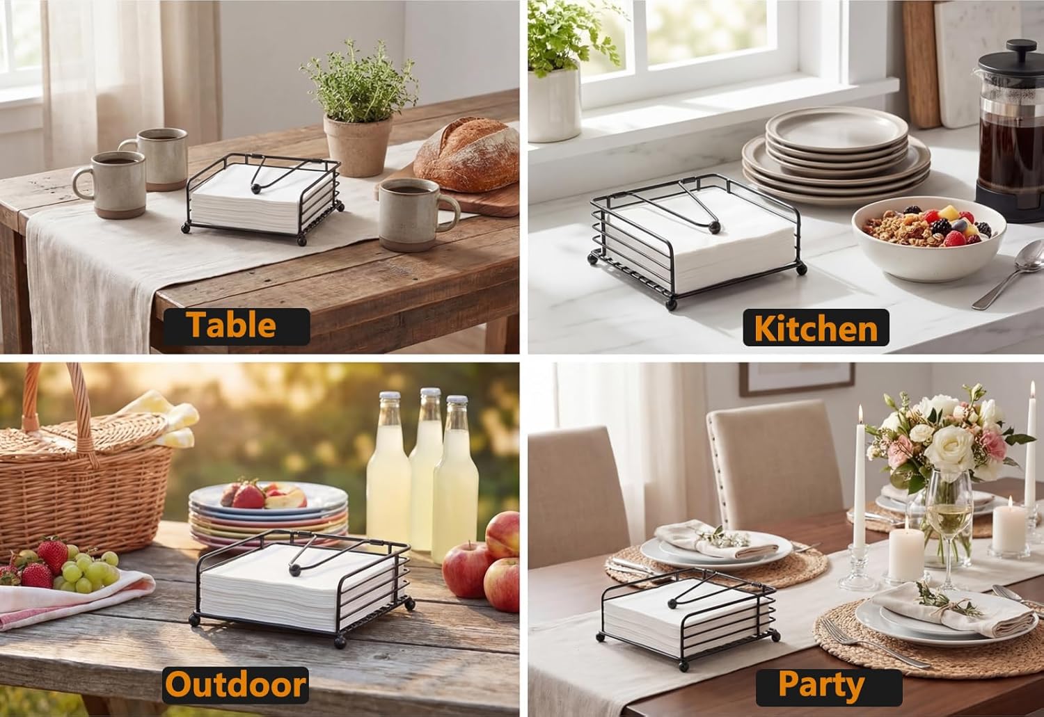 hiwafifi Napkin Holder for Table, Flat Napkin Dispenser with Weighted Arm, Square Cocktail Paper Holder of Elegant Rustic Iron for Kitchen Dining Room Decor Restaurant Farmhouse Hotel Party, Black - Image 6