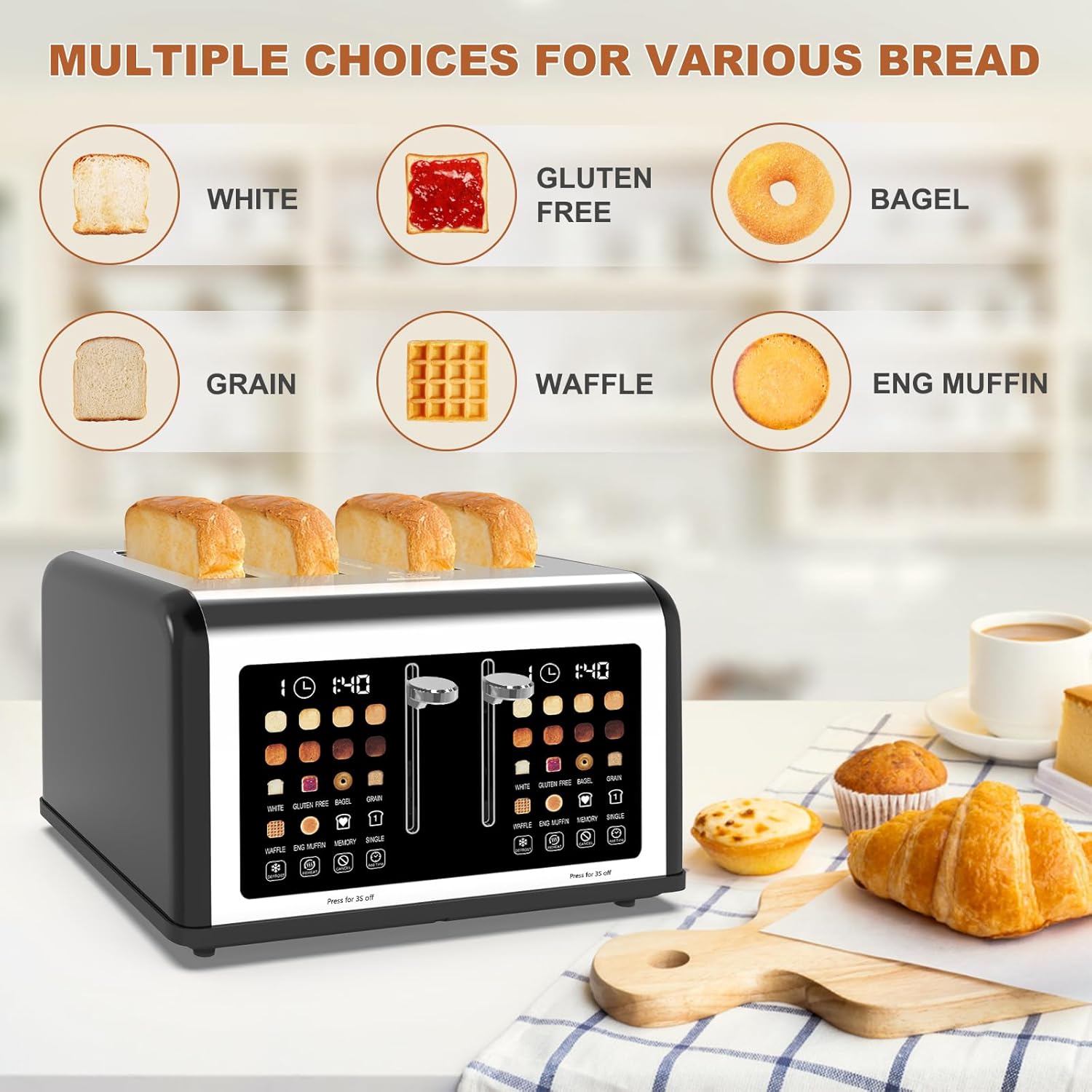 4 Slice Toaster Touch Screen, Stainless Steel Toasters Digital Timer, Dual Control Panel Toasters, 8 Shade Settings 6 Bread Types for Bagel, Cancel, Defrost 1650W Black - Image 2