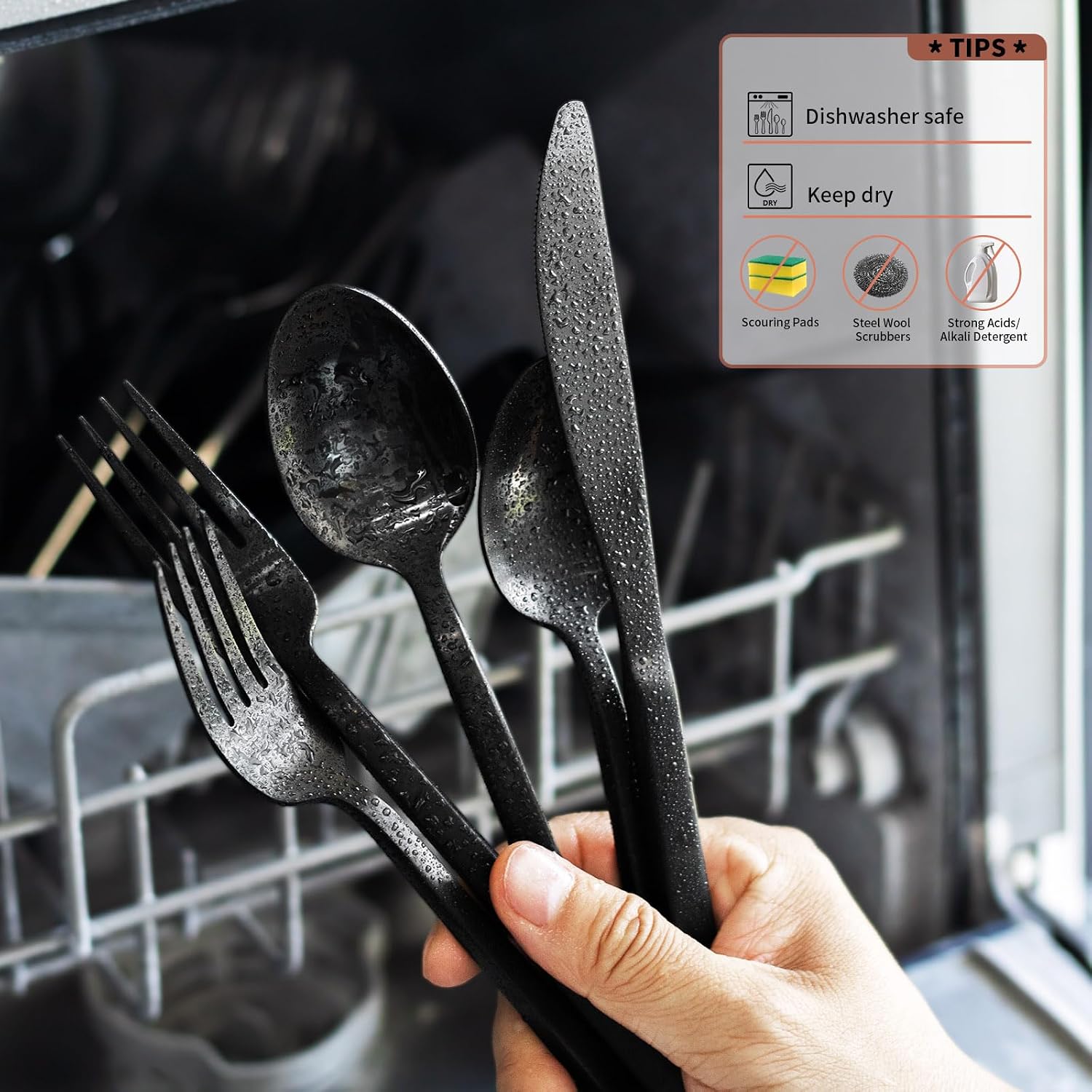 Alata Cube Black 20-Piece Forged Silverware Set Stainless Steel Flatware Set,Service for 4,Matte Satin Polished Cutlery Set,Dishwasher Safe - Image 7