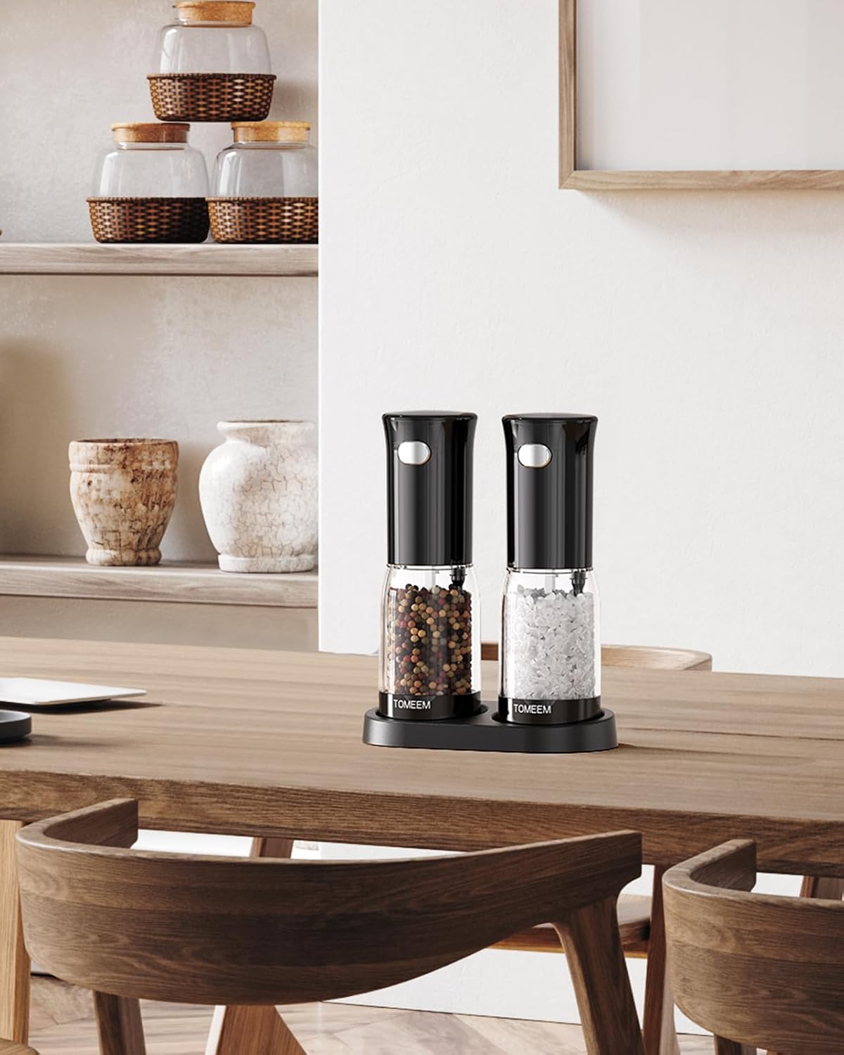 TOMEEM Electric Salt and Pepper Grinder Set – Rechargeable with LED Power Indicator, 5-Level Adjustable Grinding, LED Light, 4.5oz Large Capacity Salt and Pepper Shakers with Storage Base - Image 8