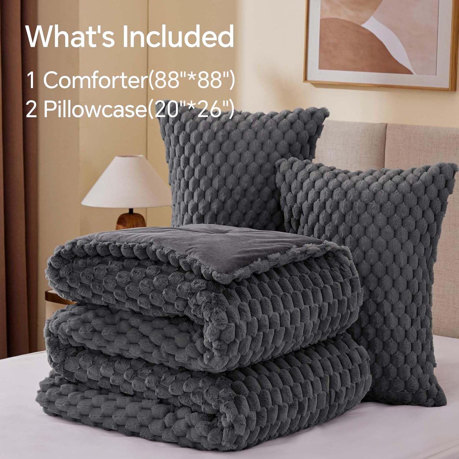 BEDELITE Fluffy Queen Comforter Set - Grey Fleece Soft Comforter for Queen Size Bed, Luxury Warm Bedding Set for Winter, Fuzzy Bed Set 3 Pieces (1 Comforter, 2 Pillowcases) - Image 4