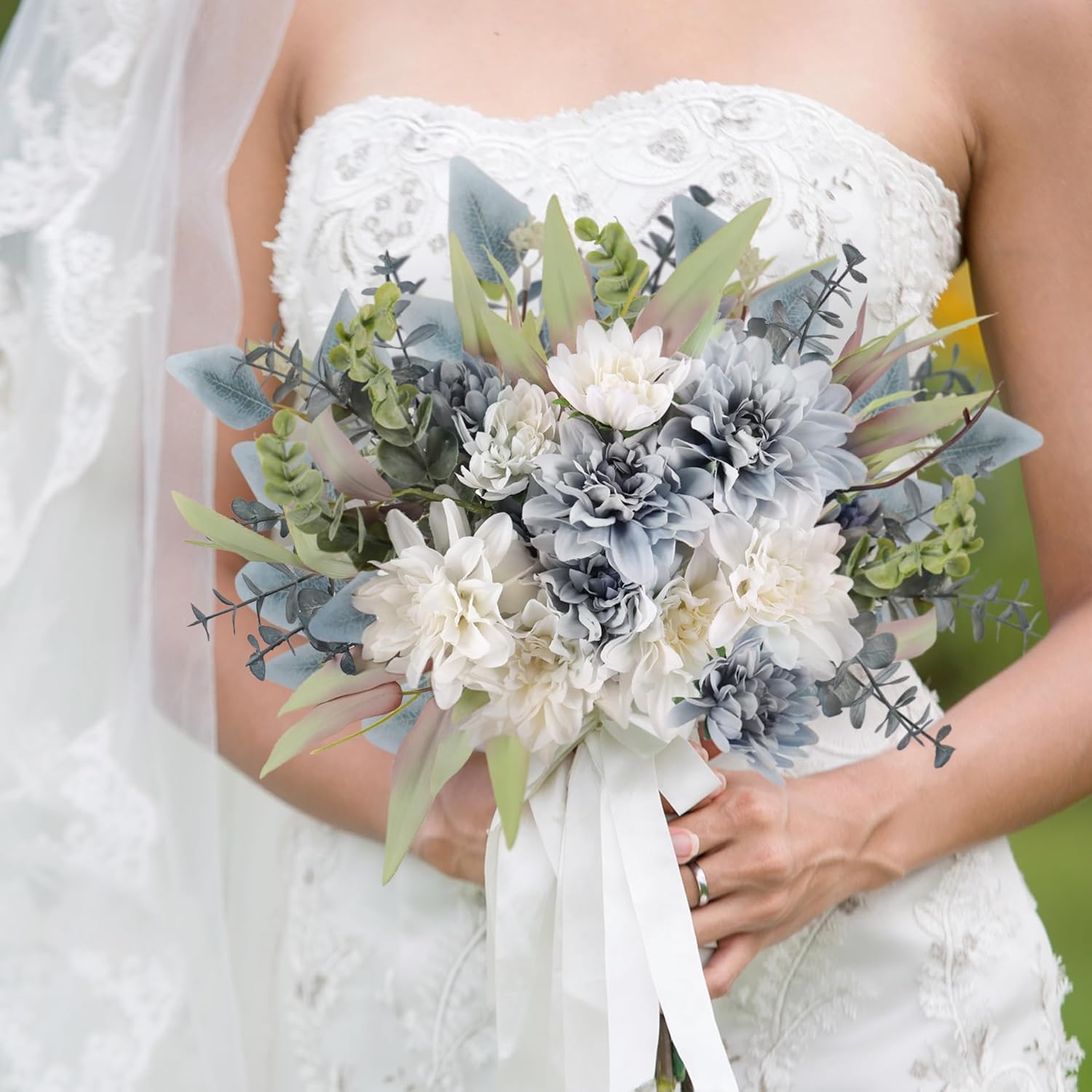 Fake Artificial Flowers Bouquet for Decoration, Silk Floral Arrangements Faux Flowers Plant Wedding Bride Bouquets Tables Centerpieces for Rustic Home Decor Indoor Vase Floral Table Decor (Blue White) - Image 4