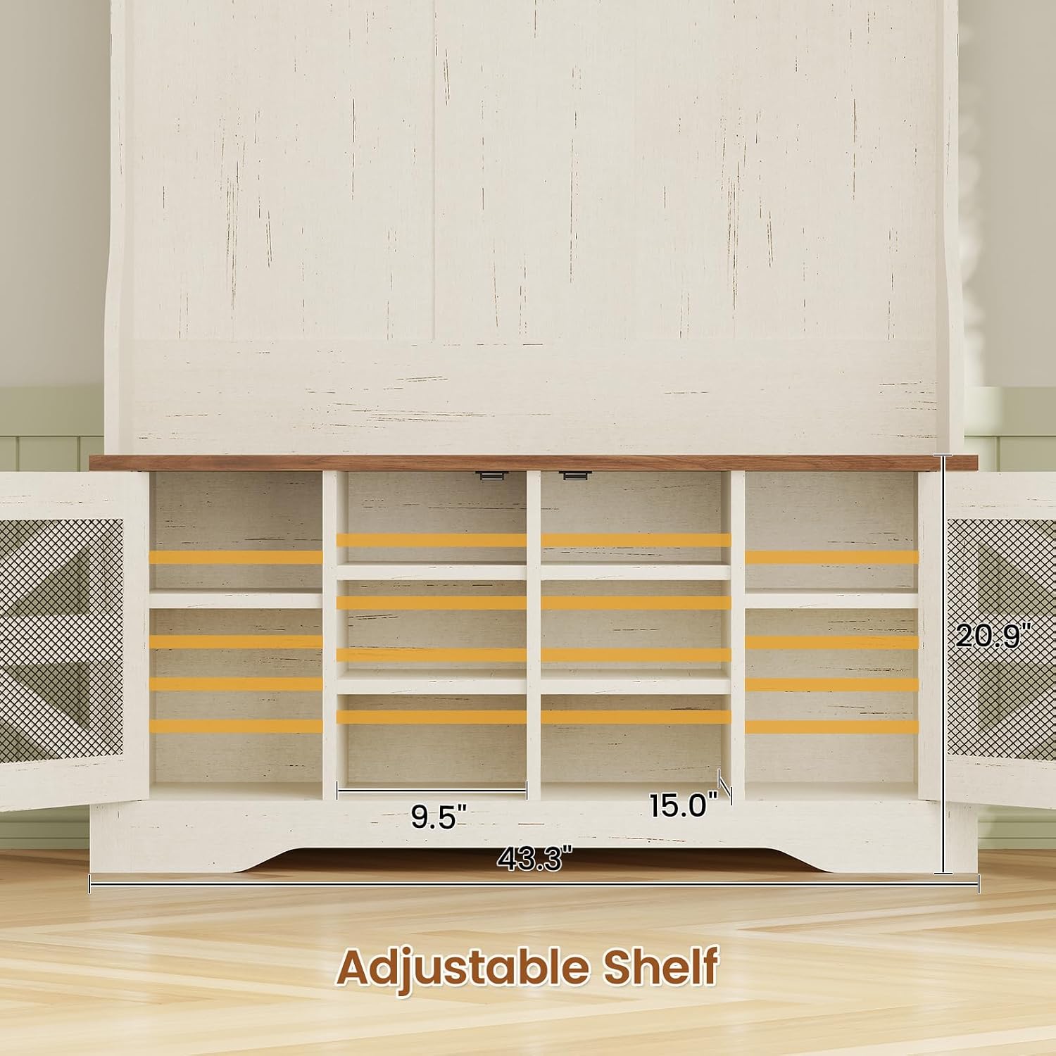 Itaar Hall Tree with Bench and Shoe Storage, 5-in-1 Entryway Bench with Coat Rack, 10 Shoe Cubbies & 9 Coat Hooks, Barn Door & Adjustable Shelf (White) - Image 7
