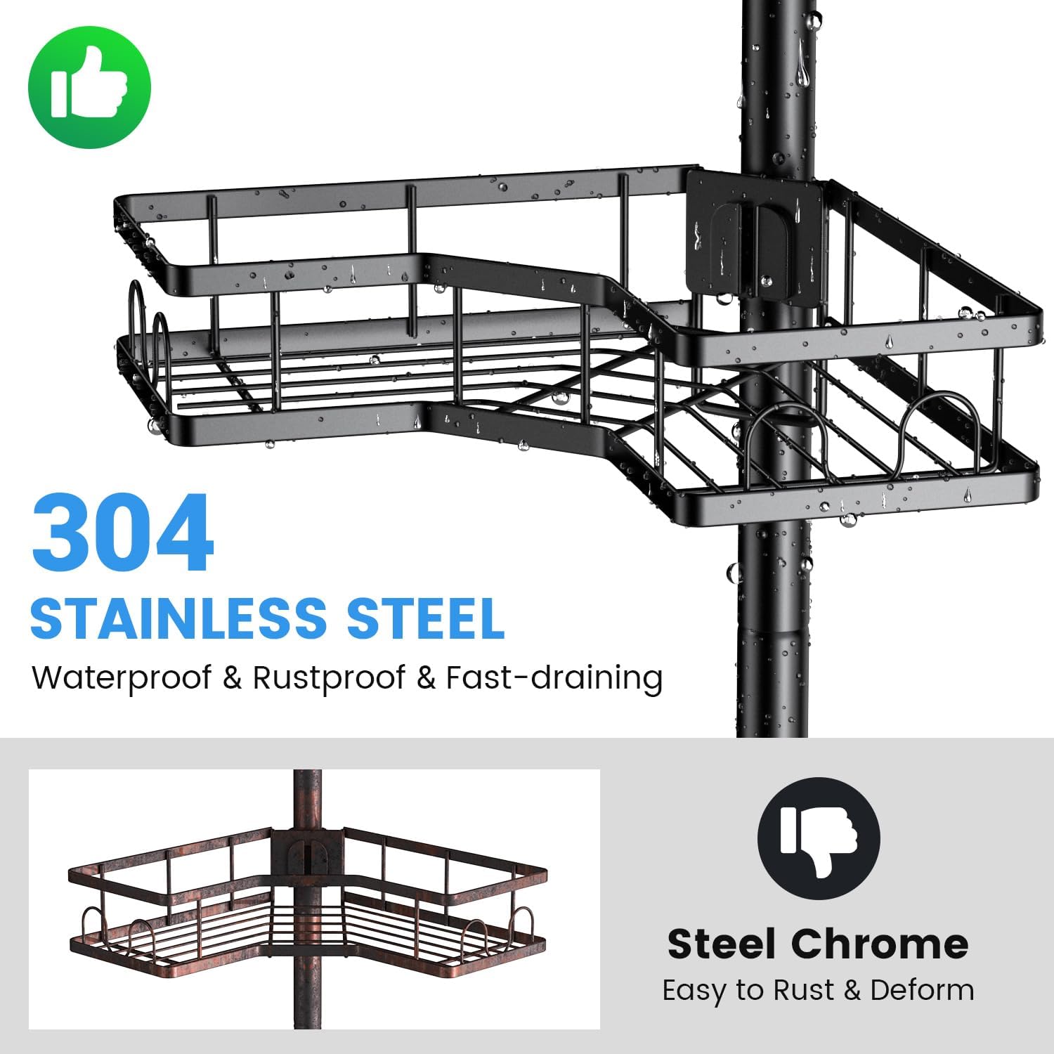 Corner Shower Caddy Tension Pole: 4-Tier Adjustable Rustproof Bathroom Organizer Shelves - No-Drill Bathtub Shampoo Rack Standing Shower Caddy for Renters, Apartment & Family Bathroom 31-124 inch - Image 3
