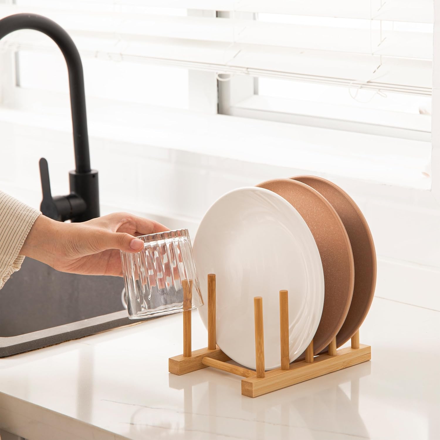 HBlife Bamboo Dish Plate Bowl Cup Book Pot Lid Cutting Board Drying Rack Stand Drainer Storage Holder Organizer Kitchen Cabinet(Keep Dry) - Image 3