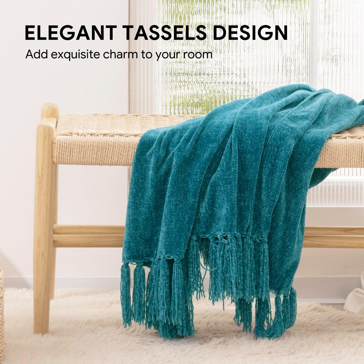 RECYCO Throw Blanket Soft Cozy Chenille Throw Blanket with Fringe Tassel for Couch Sofa Chair Bed Living Room (Teal, 50'' x 60'') - Image 2
